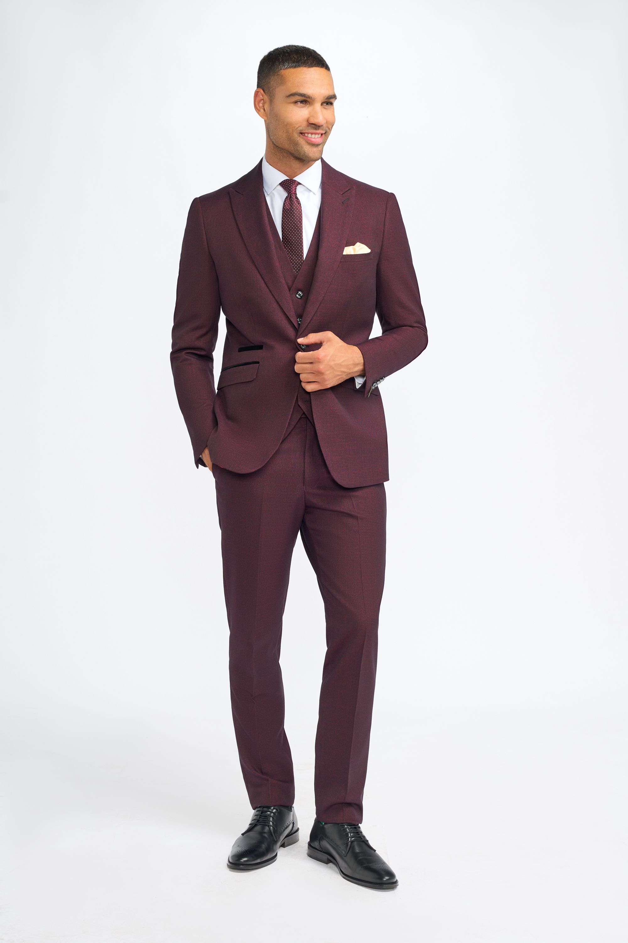 Men's Slim Fit Houndstooth Tweed Suit 3-Piece - CARIDI WINE