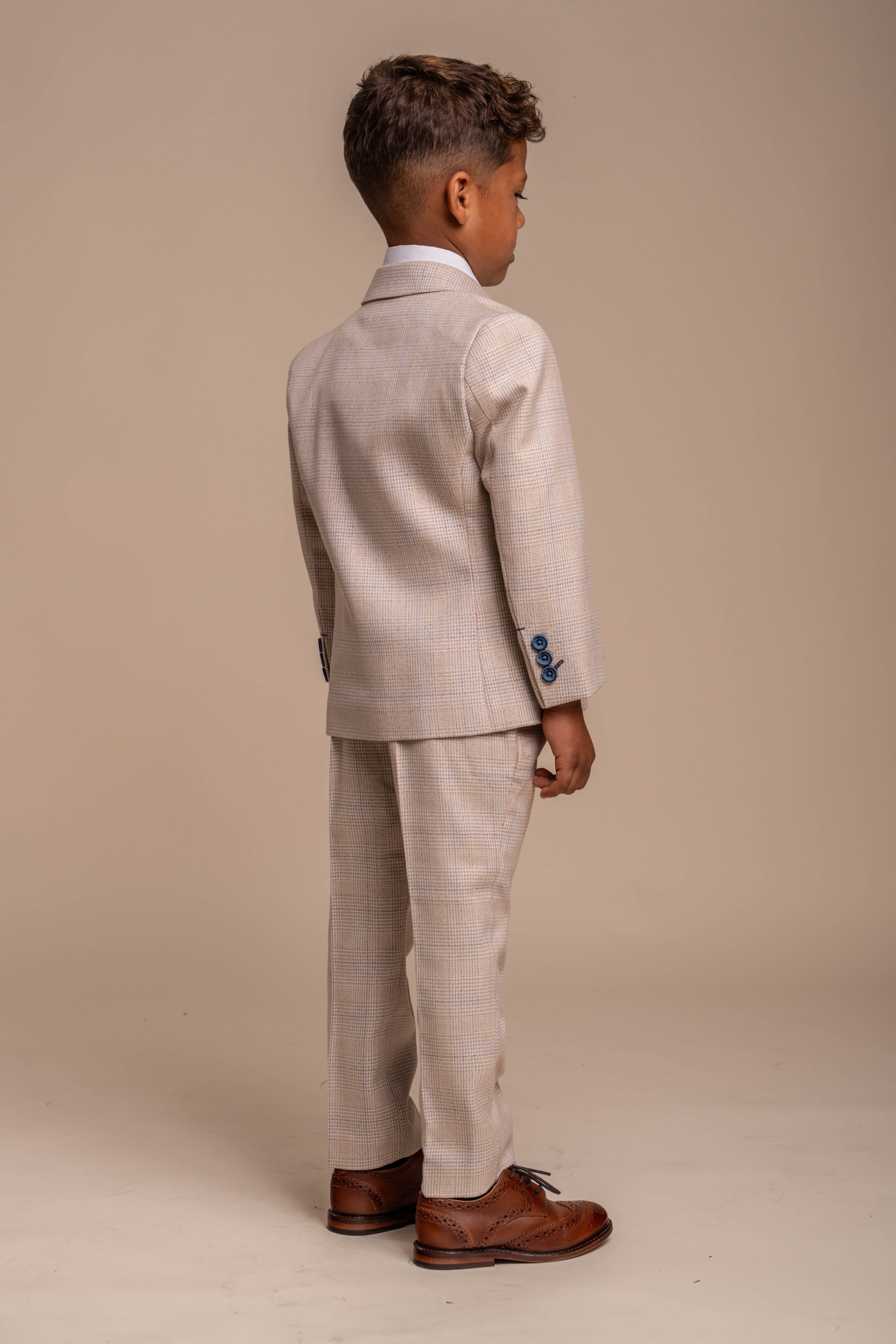 Boys Tweed Houndstooth Check Slim Fit Suit - CARIDI - Beige