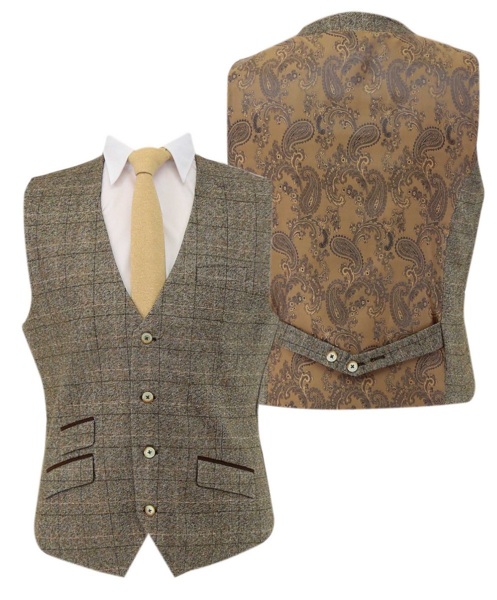 Men's Tweed Windowpane Check Waistcoat - LIAM Beige