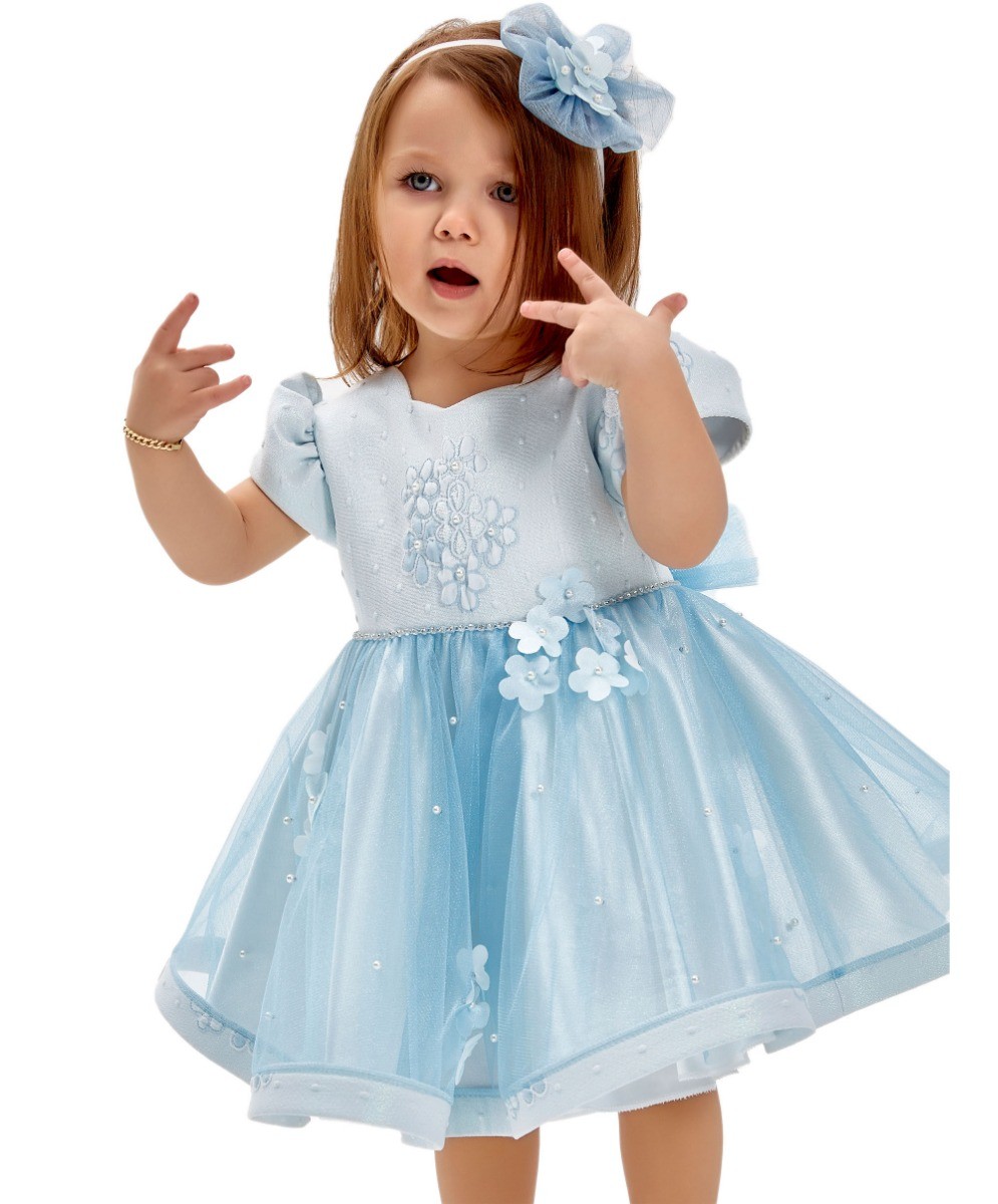 Baby Girls Short Puffy Sleeves Blue Dress