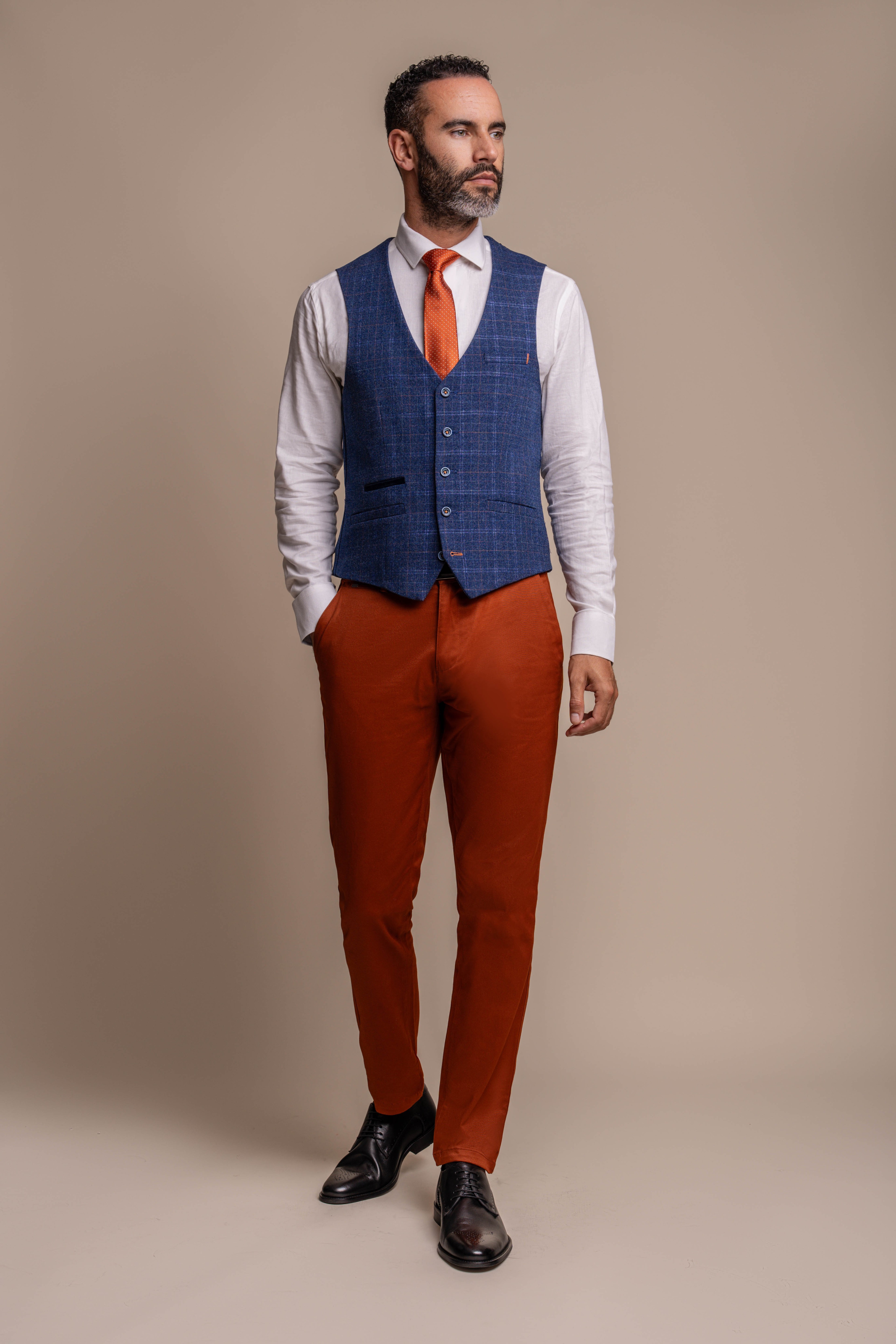 Men's Tweed Check Blue Suit & Brown Chino, Combined Suit Set