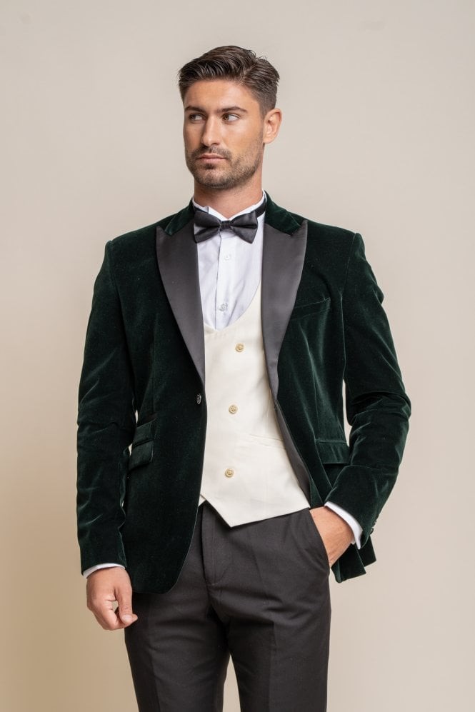 Men's Slim Fit Velvet Tuxedo Blazer - ROSA - Forest Green