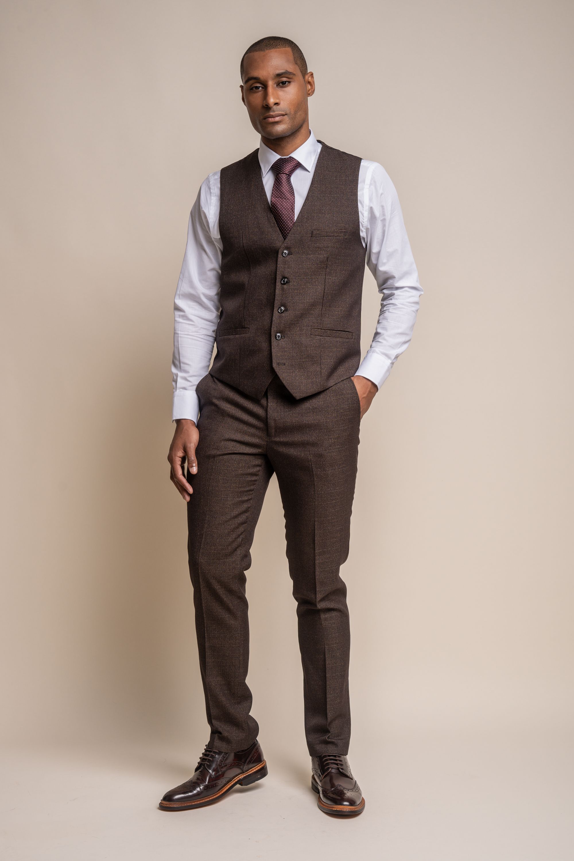 Men's Tweed Check Waistcoat - CARIDI Brown