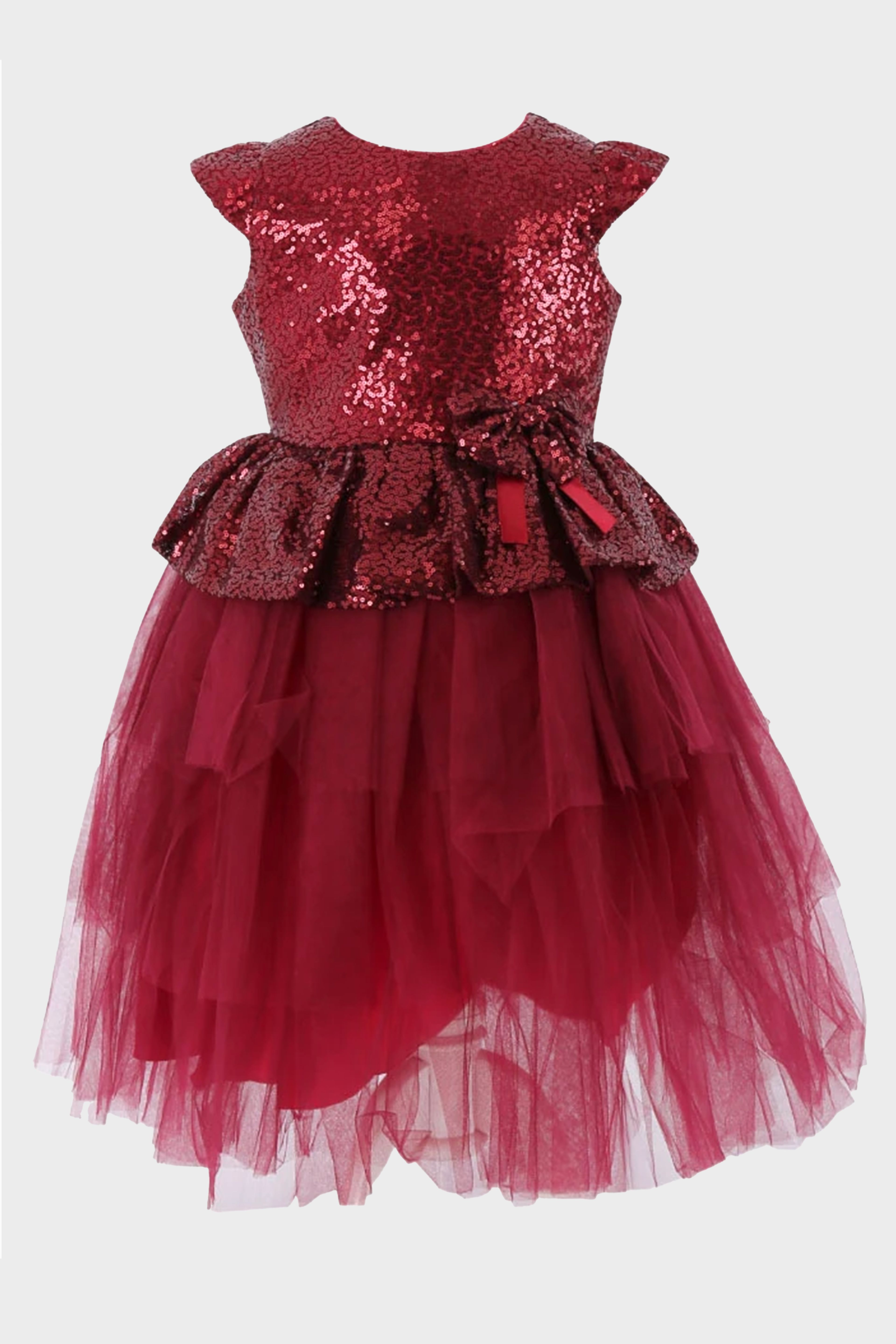 Girls Sequin and Tulle Puffy Dress - Wine Red