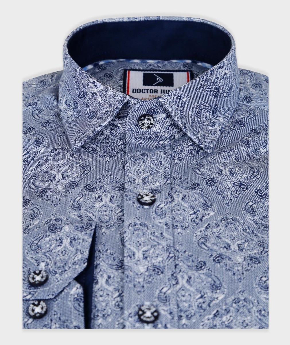 Boys Paisley Patterned Slim Fit Cotton Casual Shirt - Blue - Grey