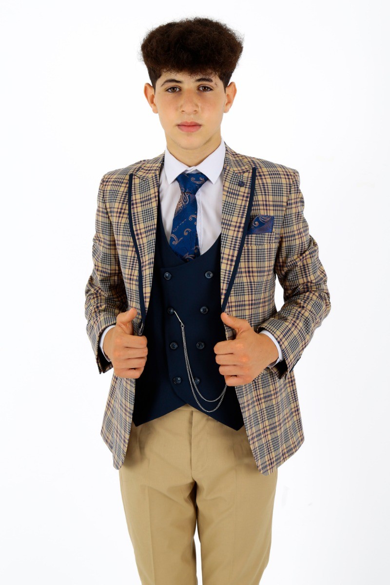 Boys Plaid Check Slim Fit Suit - Beige - Navy Blue