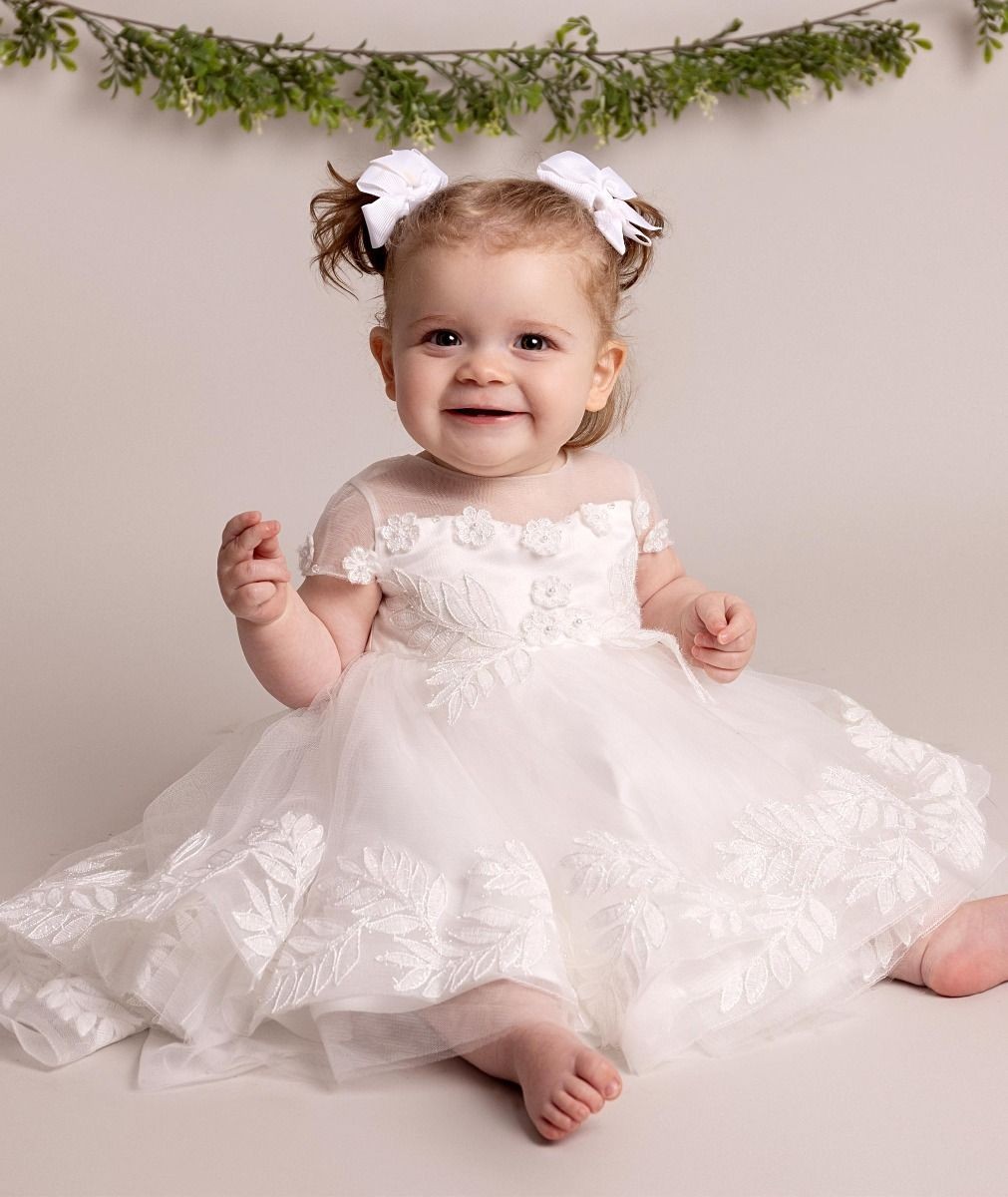 Baby Girls Leaf Lace Ivory Bow Dress - ANAYA