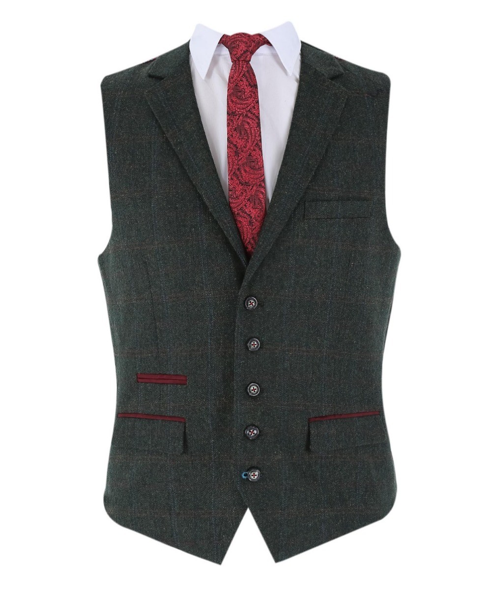 Men's Tweed Check Tailored Fit Waistcoat - JOSHUA Green