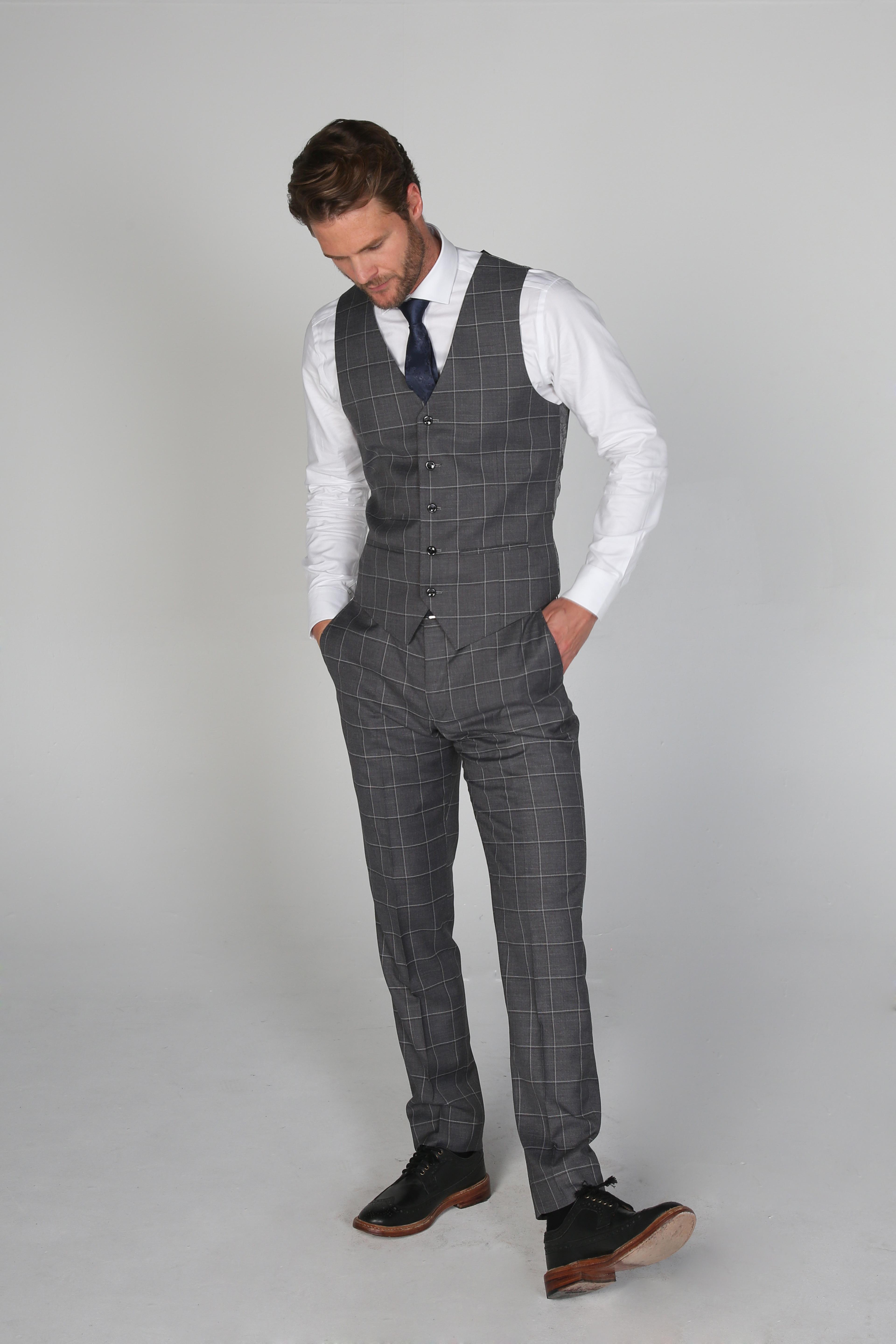 Men's Windowpane Check Tailored Fit Formal Suit - HOBBS - Grey
