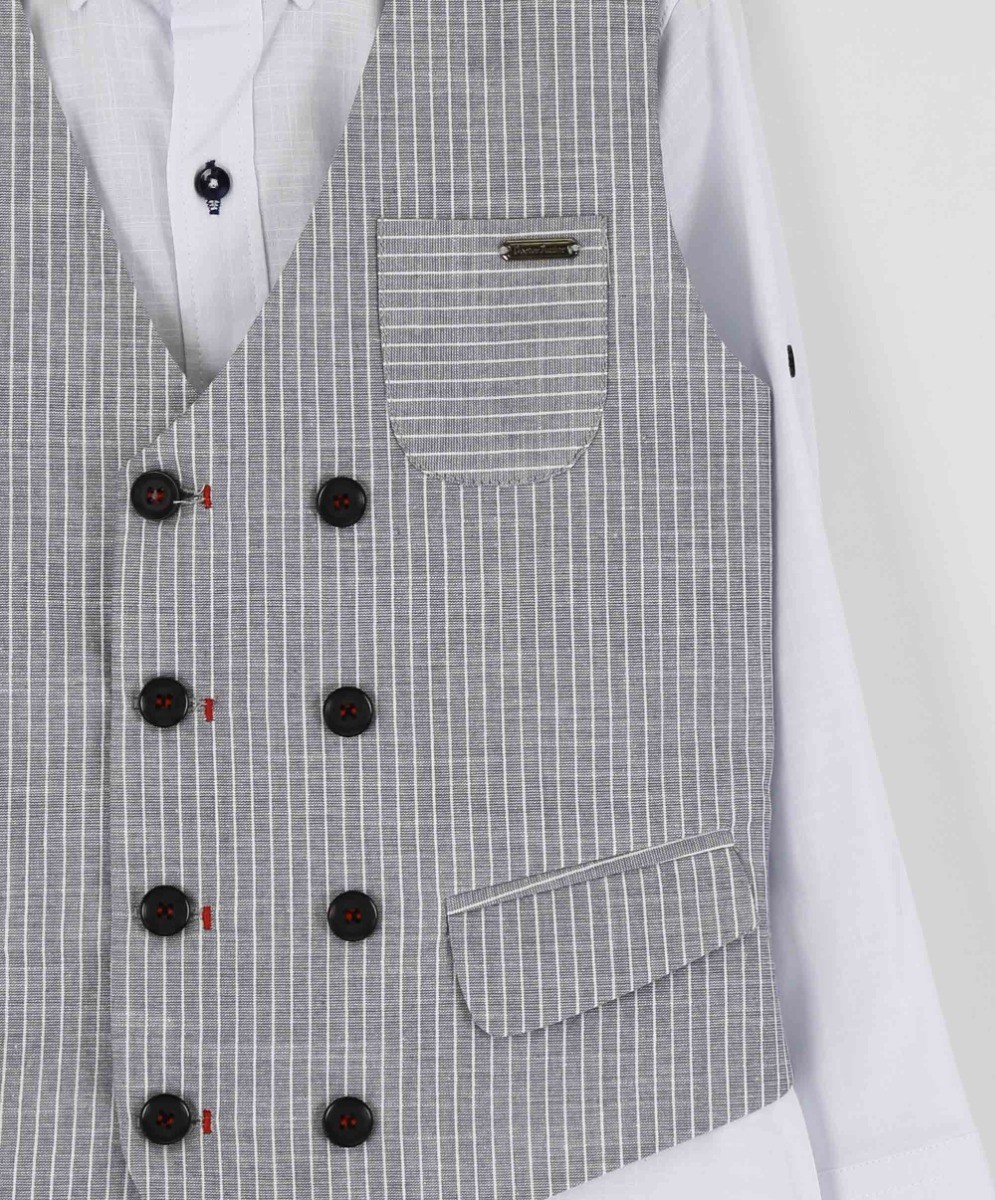 Boys Cotton Linen Pinstrip Waistcoat Suit Set - Grey