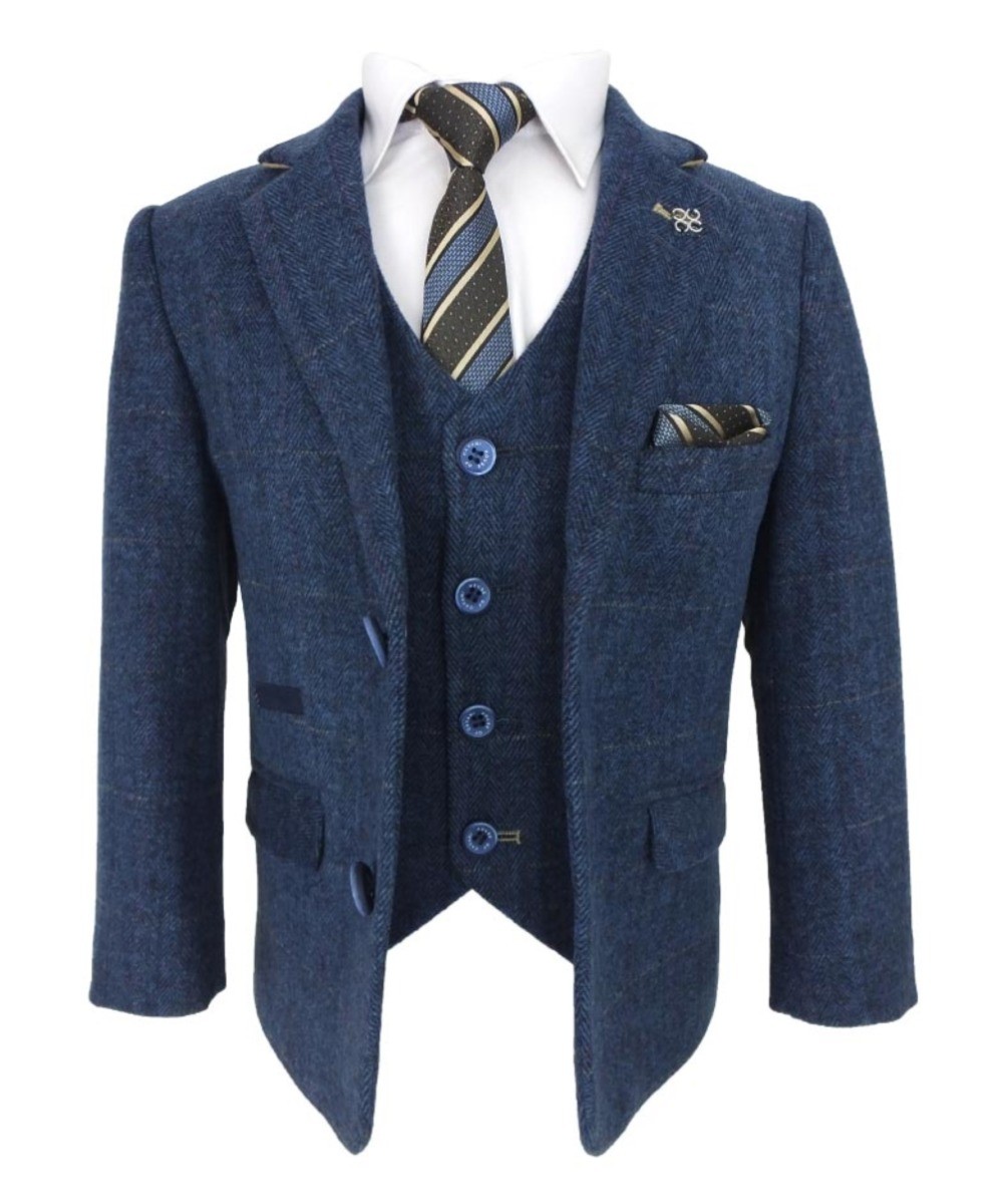 Boys Slim Fit Herringbone Tweed Blue Suit - CARNEGI - Navy Blue