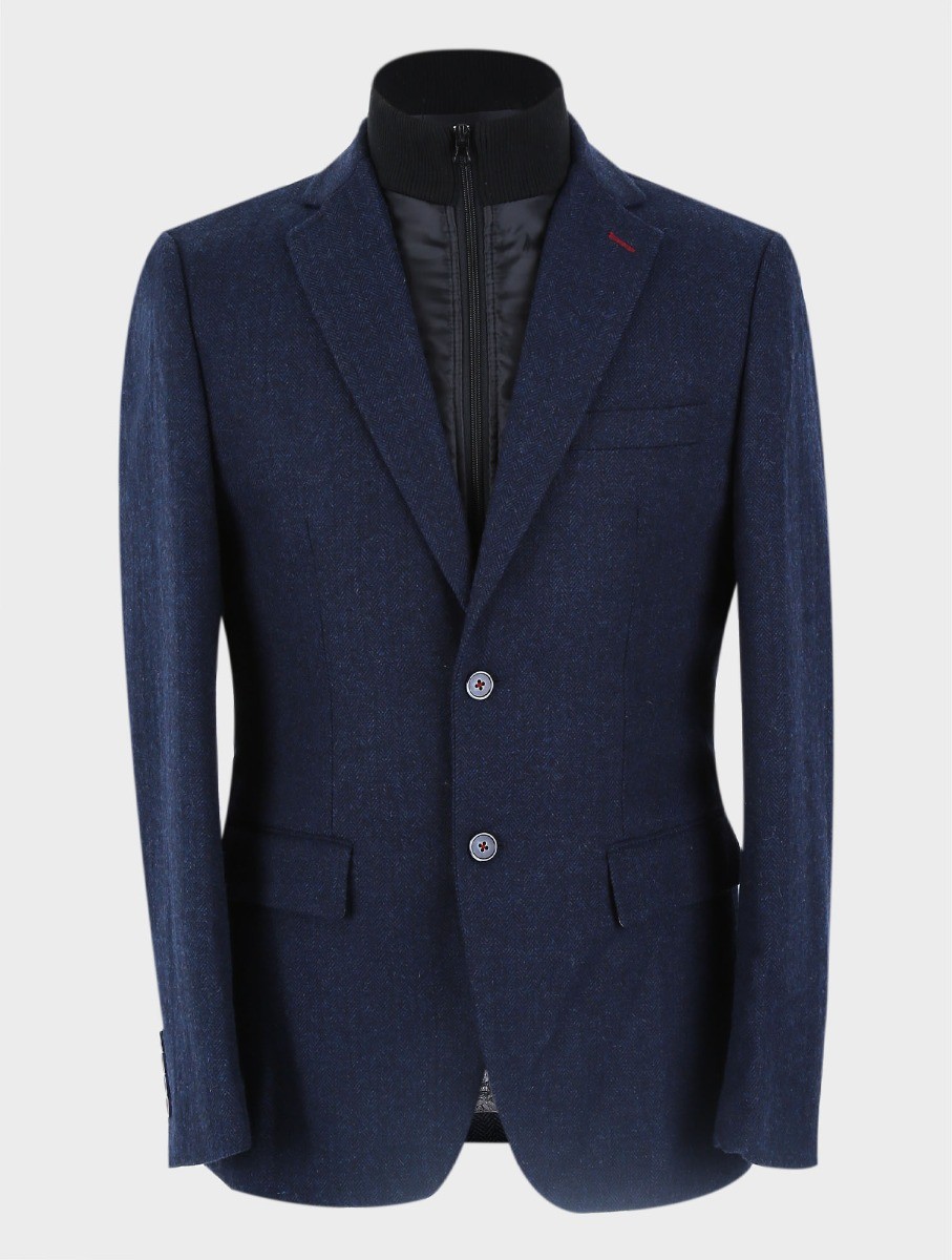 Men's Herringbone Navy Coat with Removable Zipper