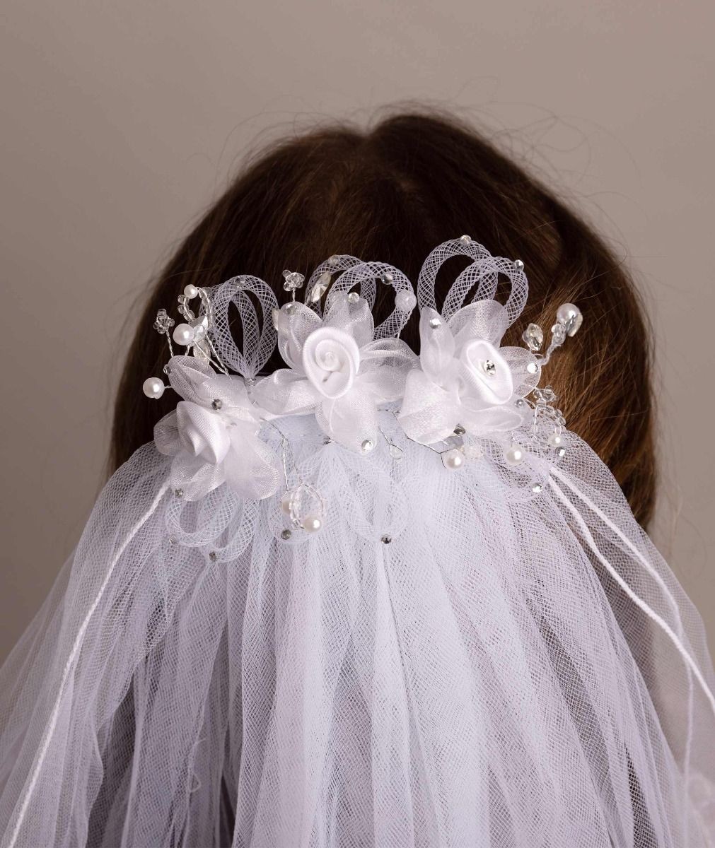 Girls White Floral & Pearl Tulle Veil - CMV-2331