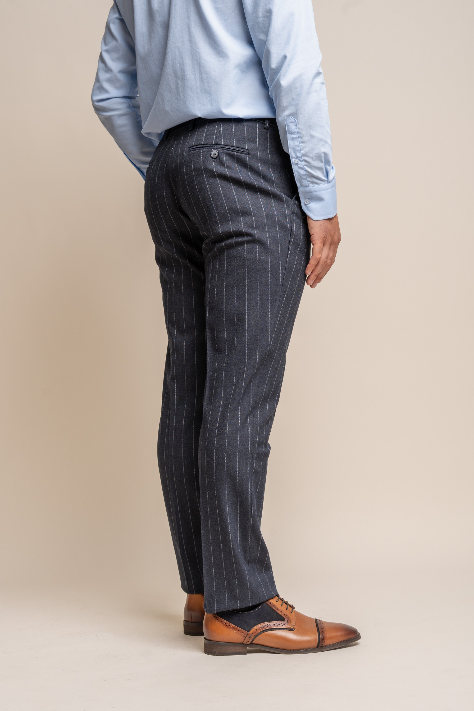 Men's Pinstripe Slim Fit Navy Blue Formal Trousers- Invincible
