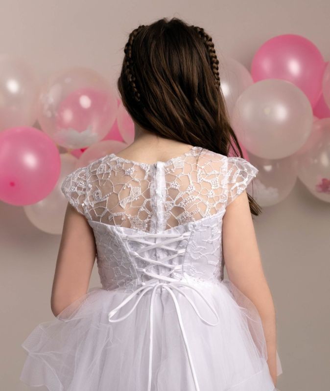 Girls White Layered Tulle Dress with Corset Back - TERRESA