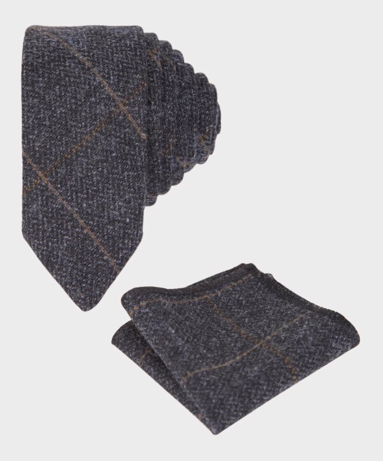Boys Herringbone Tweed Windowpane Check Slim Tie & Hanky Set - Charcoal Grey