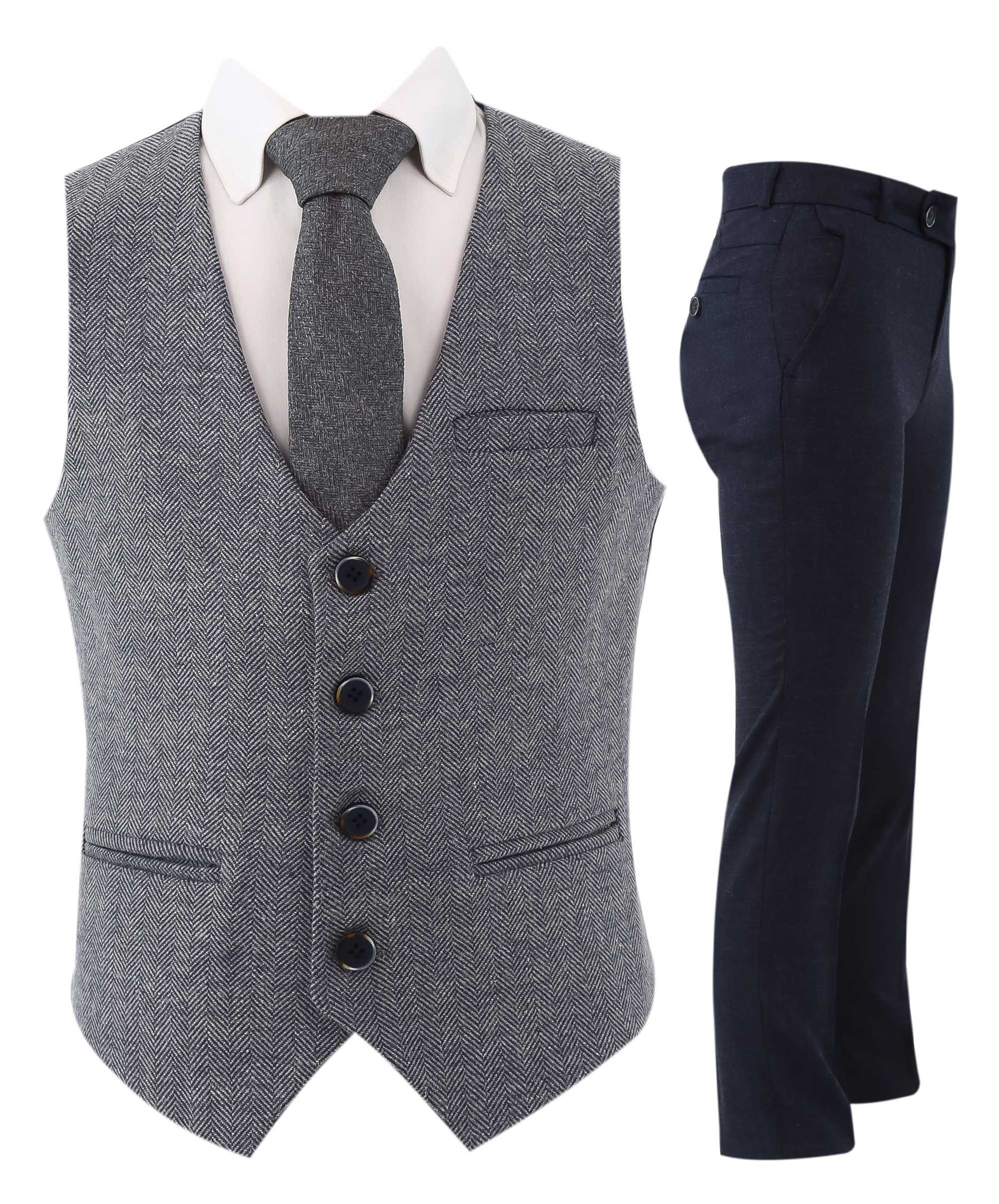 Boys Herringbone Tweed Waistcoat Suit - Navy Blue