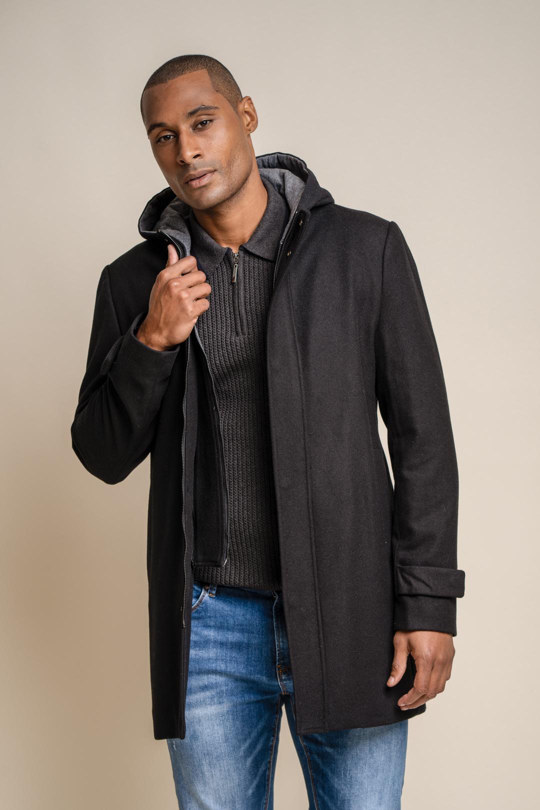 Mens Smart Casual Wool Tweed Hooded Double Long Coat Jacket in Stale Grey Black Camel Beige and Navy Blue