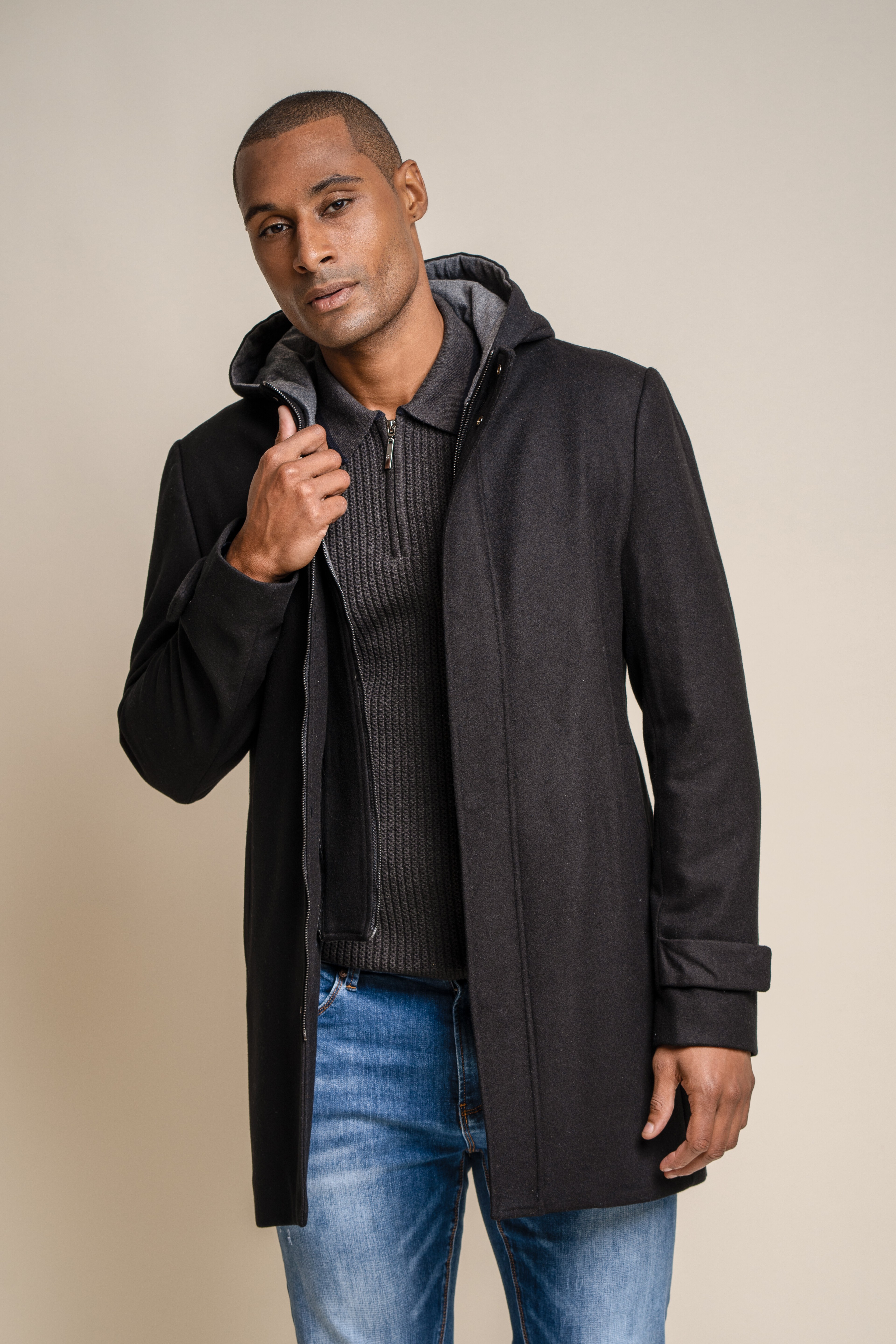 Men's Wool Blend Hooded Coat - MICHIGAN - Black