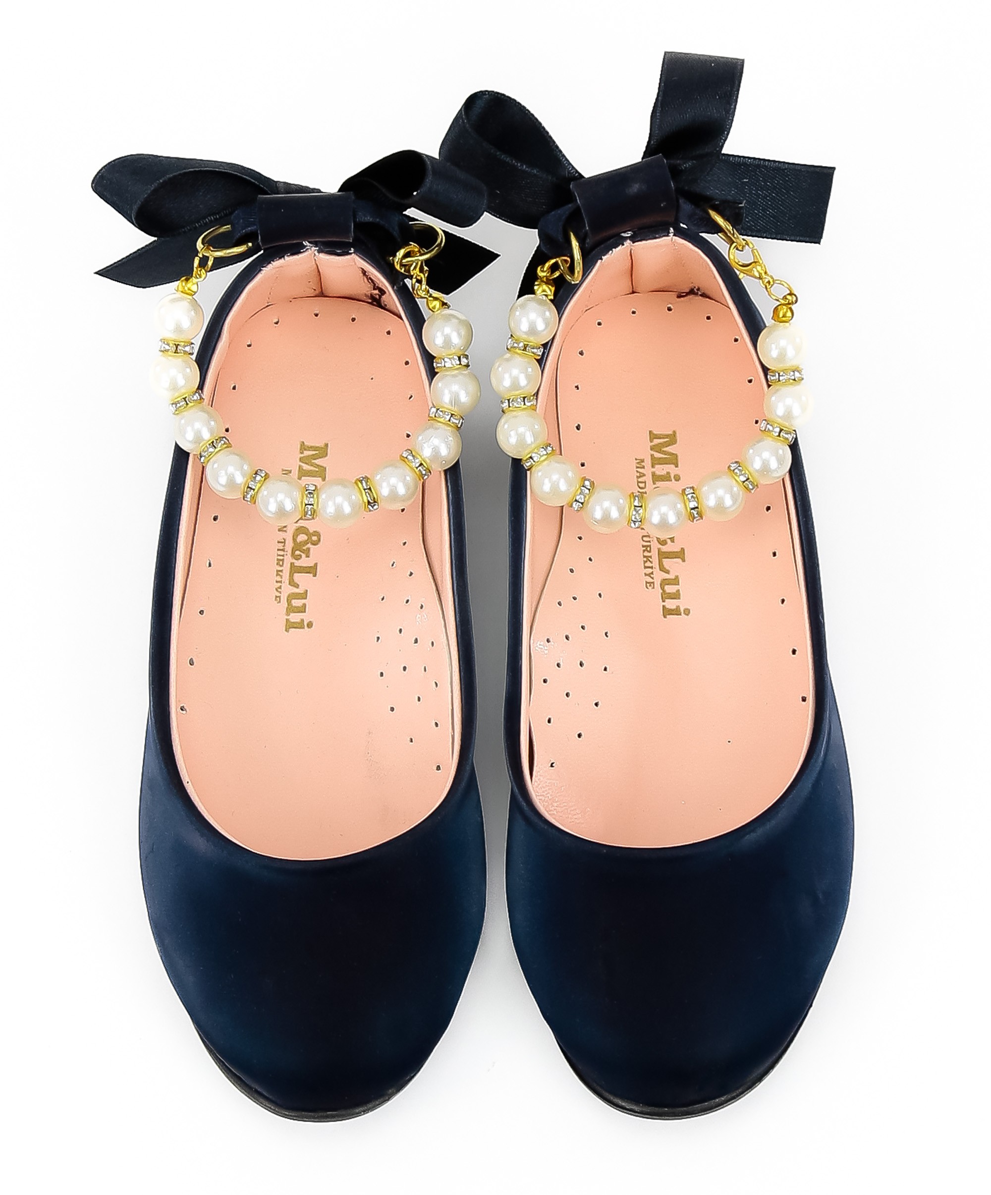 Girls Pearls Flat Mary Jane Shoes - ISABEL - Navy Blue