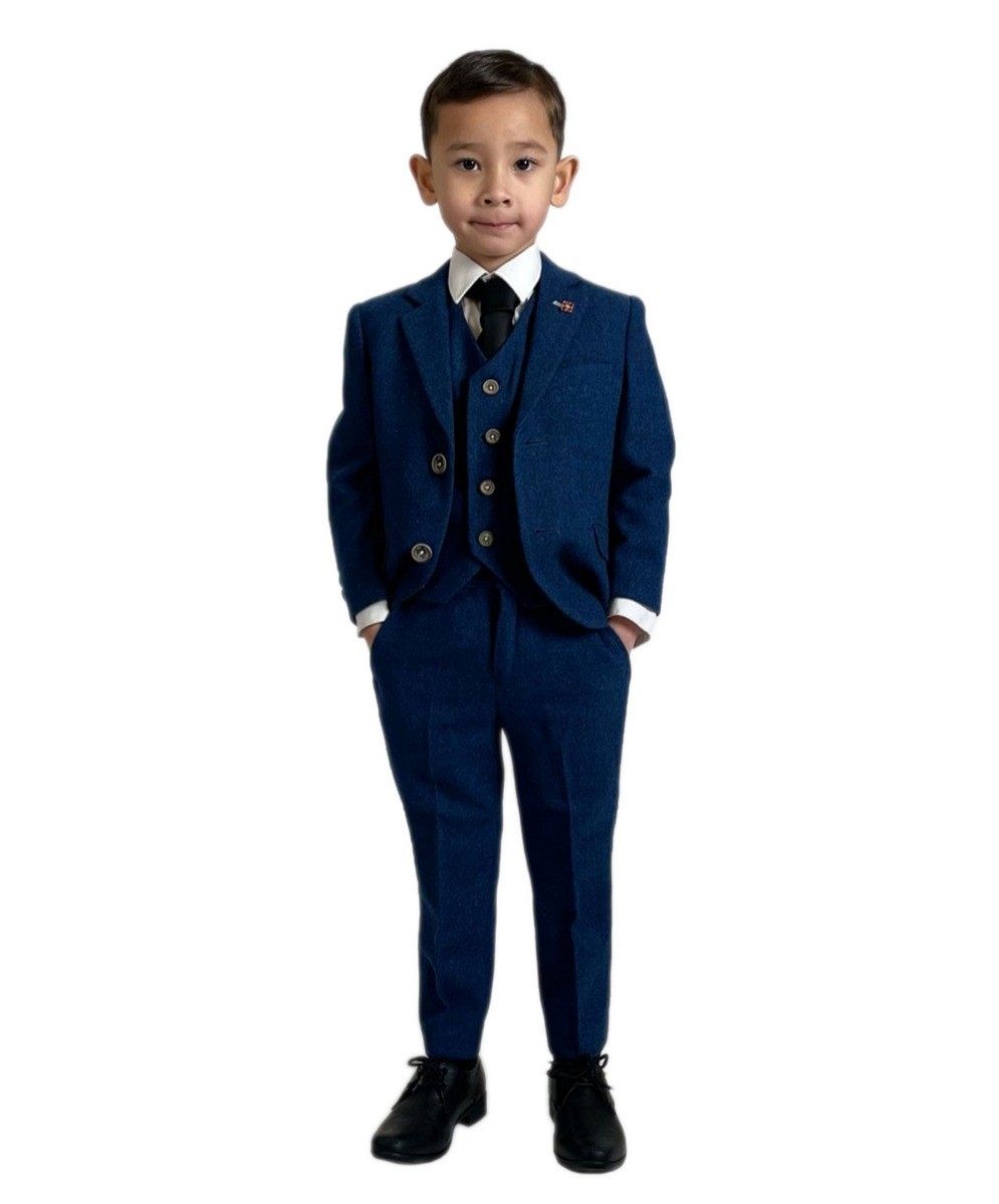 Boys Tweed Wool Blend Slim Fit Blue Suit - ORSON - Blue