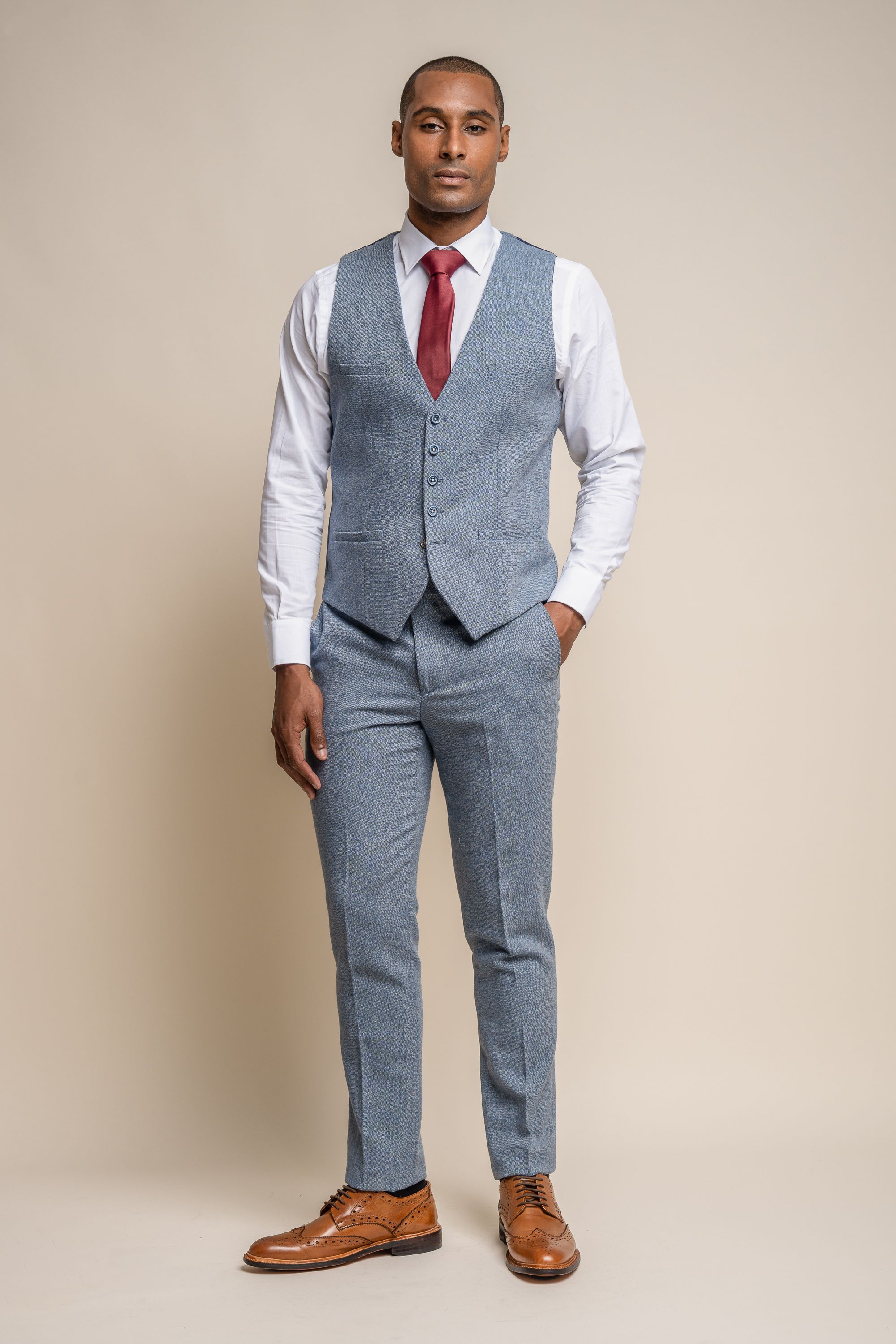 Patterned Double Breasted Navy Blue Waistcoat & Trousers