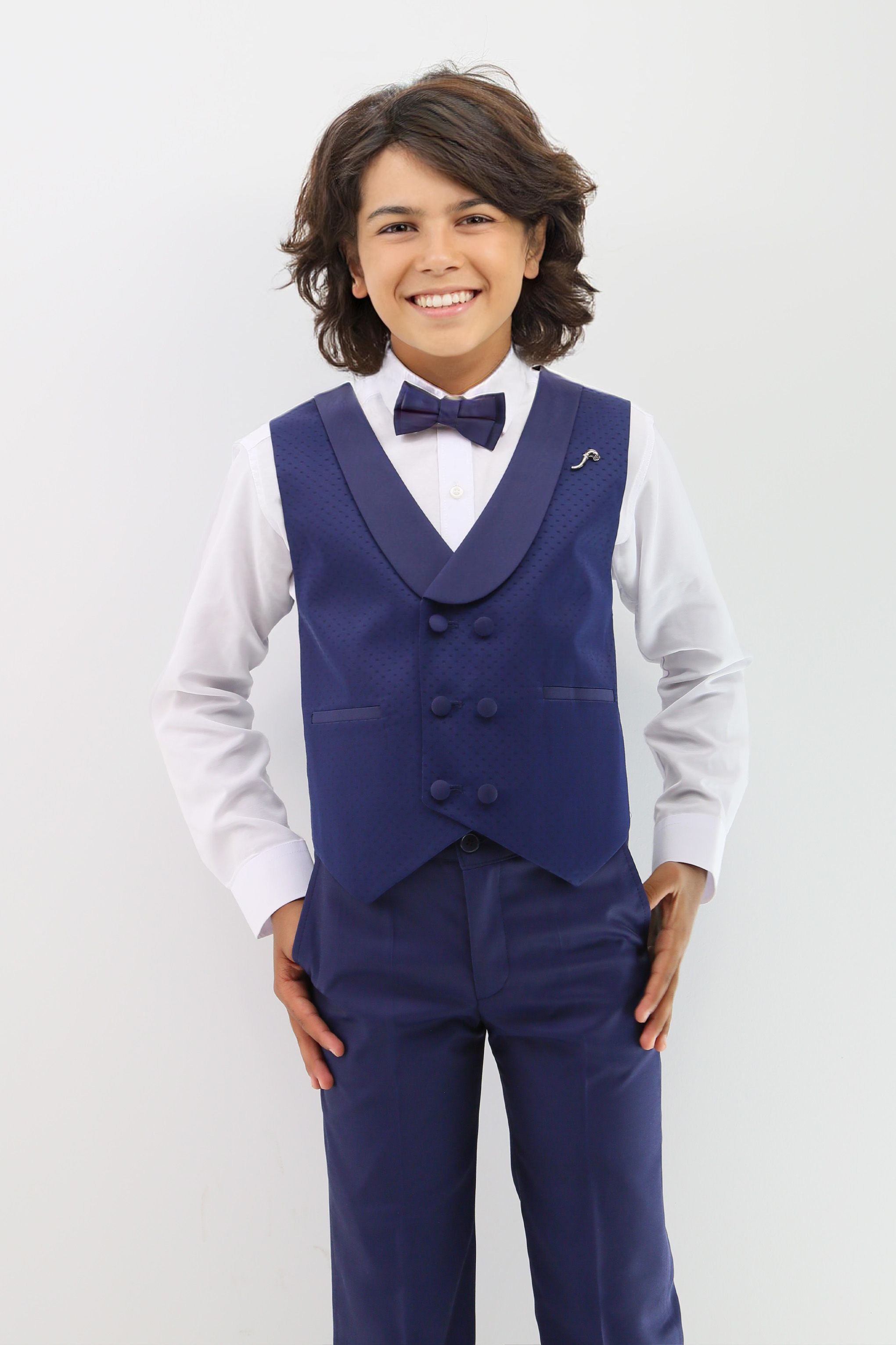 Baby & Boys Shawl Lapel Dotted Navy Waistcoat Suit Set 