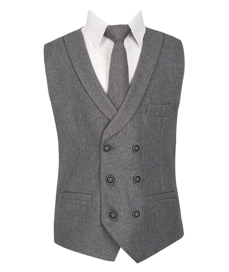 Men's and Boys Herringbone Double-breasted Waistcoat Set - Grey