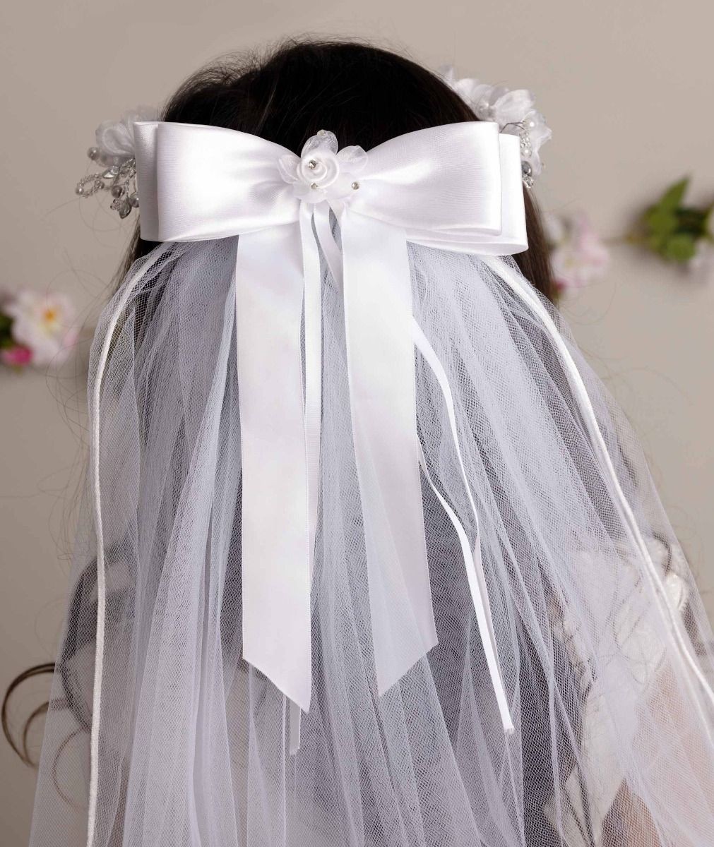 Girls White Floral Tiara & Bow Veil - CMV-2330