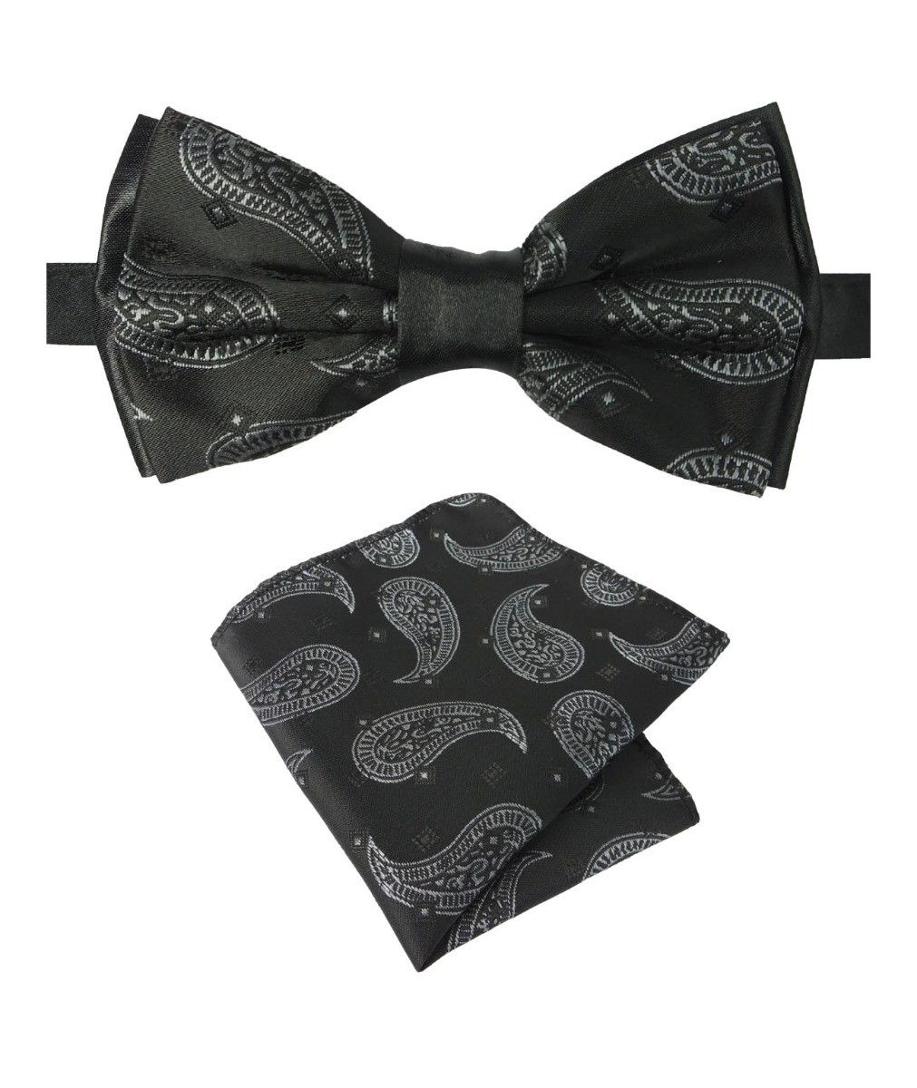Boys & Men's Paisley Bow Tie and Hanky Set - Black and White