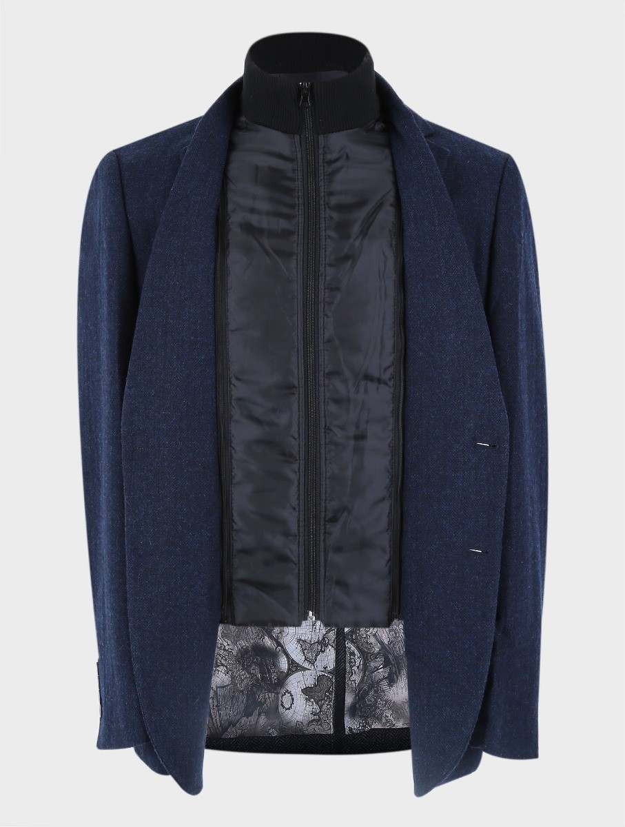 Men's Herringbone Navy Coat with Removable Zipper