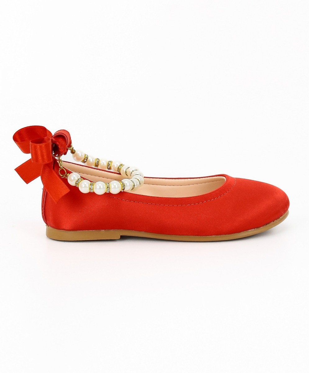 Girls Pearls Flat Mary Jane Shoes - ISABEL - Red
