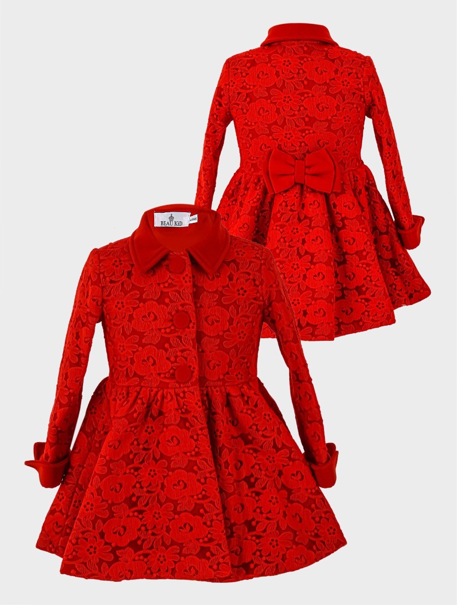 Girls Coat Floral Embroidered Lace 2 Piece Set - Red