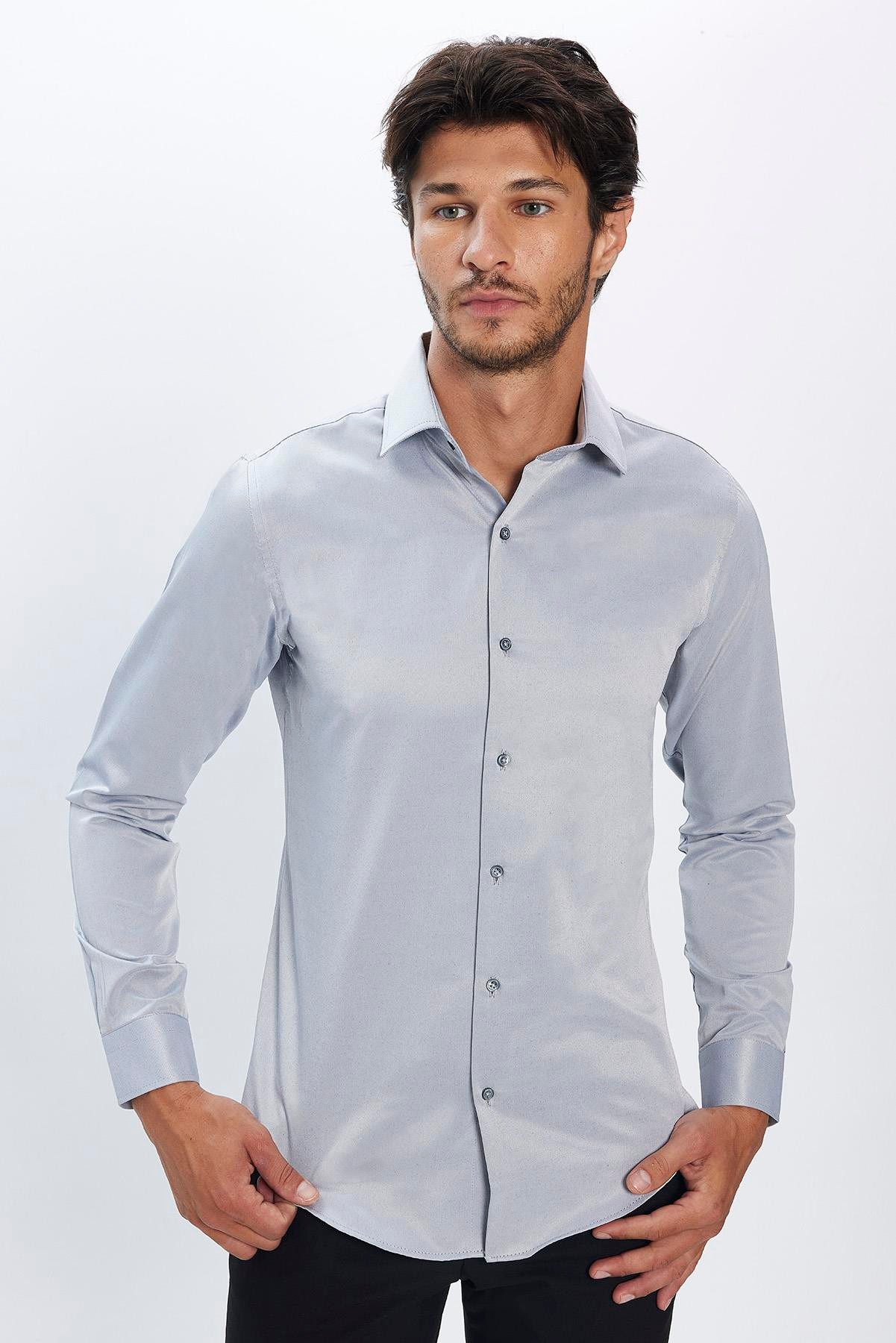 Men's Slim Fit Button-Down Cotton Blend Dress Shirt - Dimi Dotti - Grey