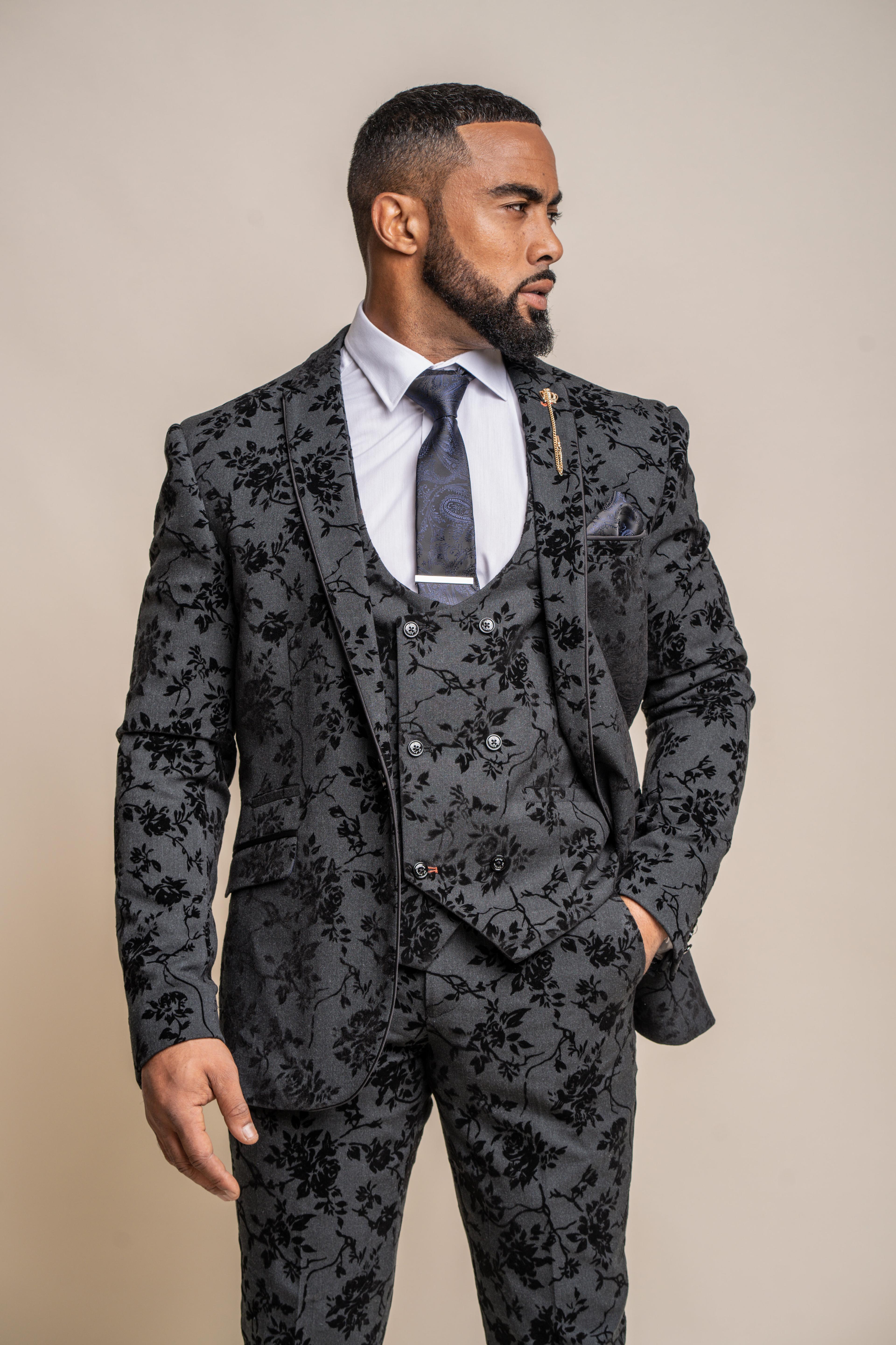 Men's Black Velvet Floral Embroidered Suit Jacket - GEORGI