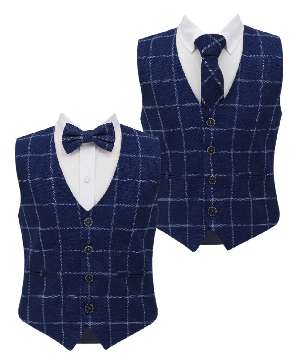 Boys Tweed Check Cotton Waistcoat Set - Navy Blue