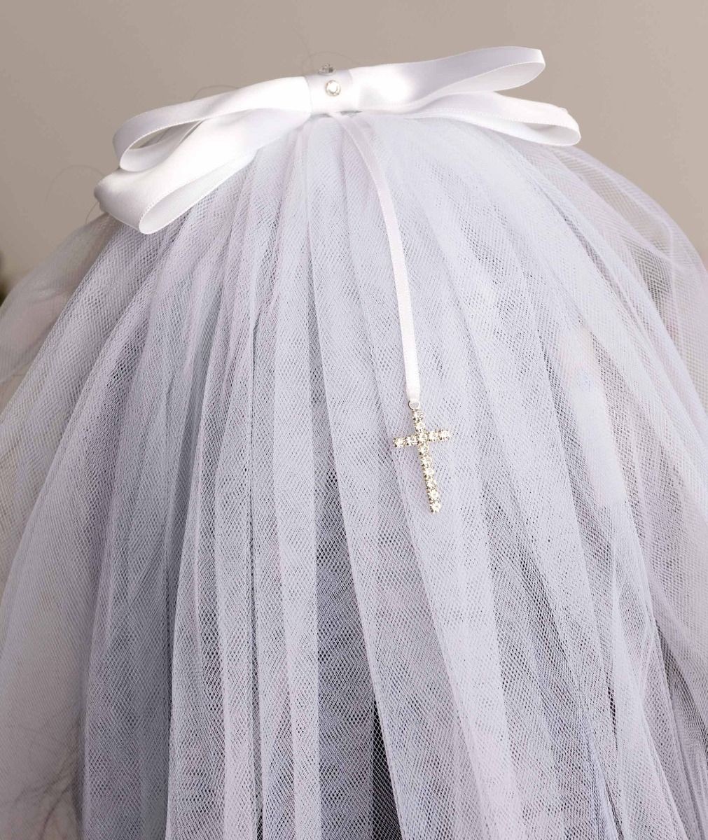 Girls White Crystal Cross & Bow Tulle Veil - 607