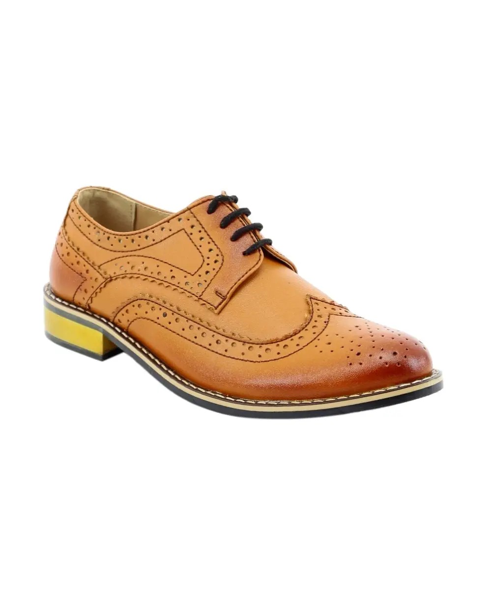 Boys Lace Up Leather  Brogue Shoes - Tan Brown