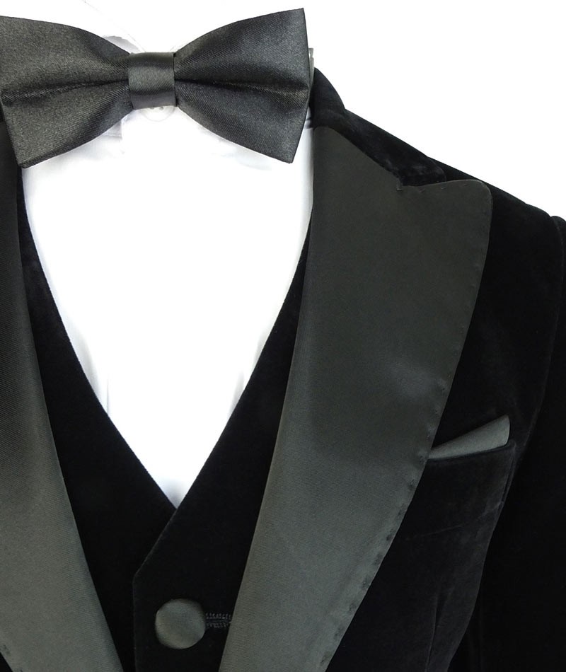 Boys Sheen Lapel Black Velvet Tuxedo Suit - Black