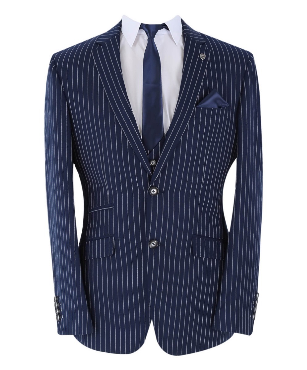 Men's Tailored Fit Pinstripe Navy Suit - MASON  - Navy Blue