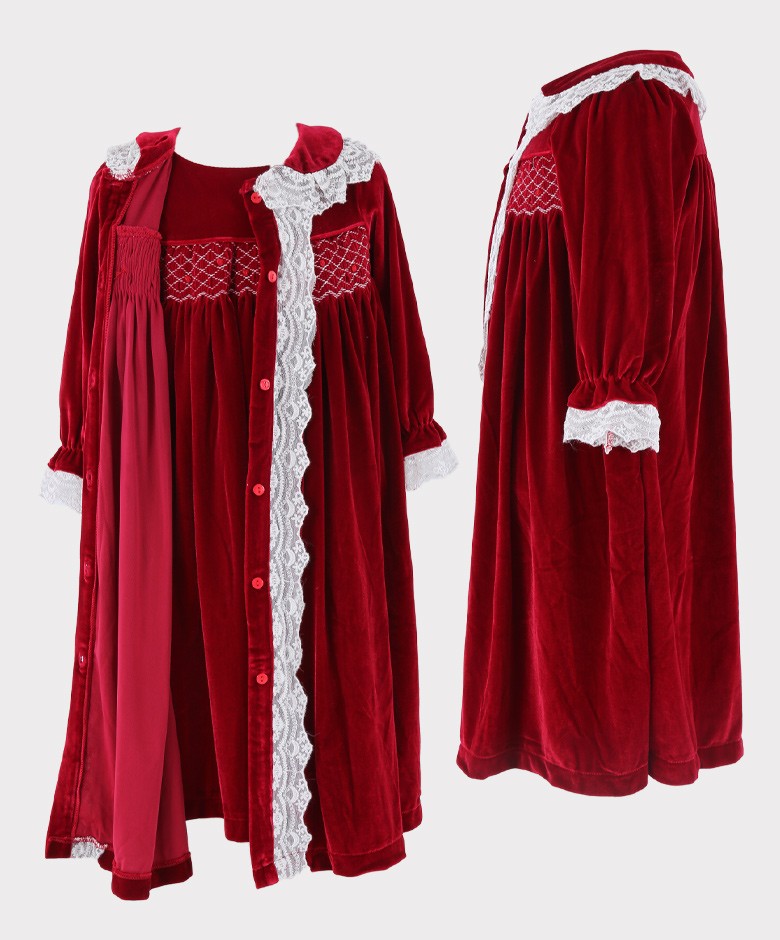 Girls Smocked Velvet Sleeping Gown 2 Pieces Set - Wine Red
