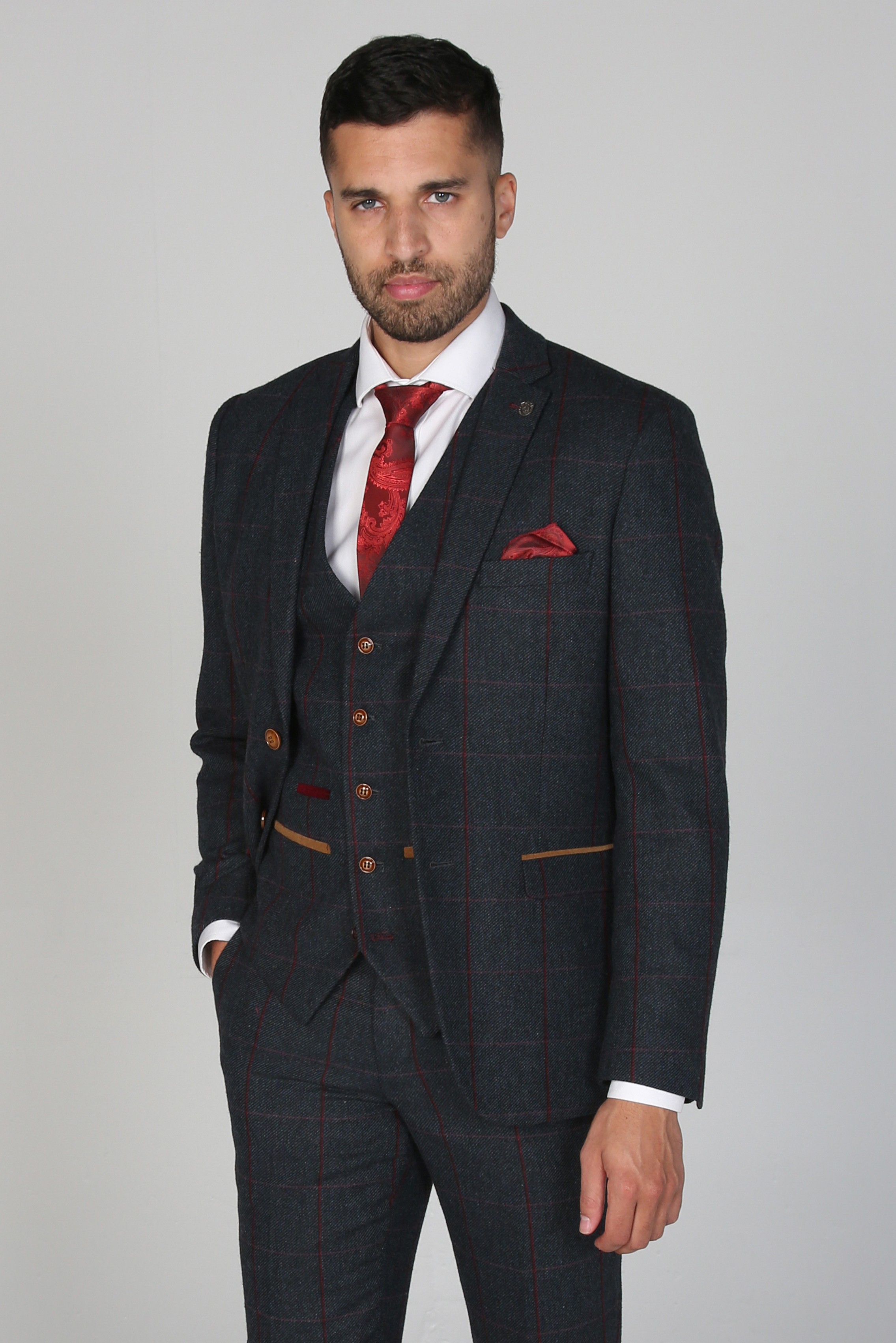 Men's Tweed Windowpane Check Tailored Fit Suit - MADRID  - Navy Blue