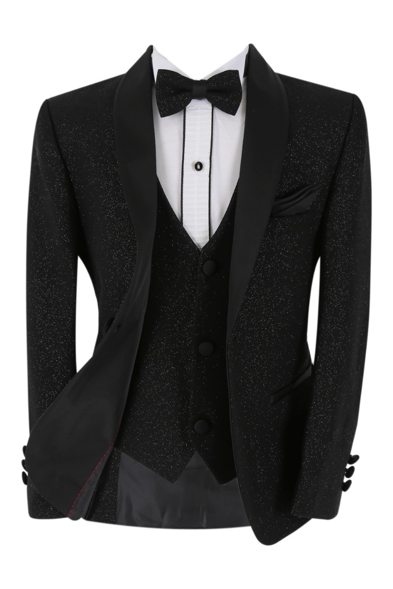 Boys Shimmer Tuxedo Dinner 6 Piece Suit Set - Black