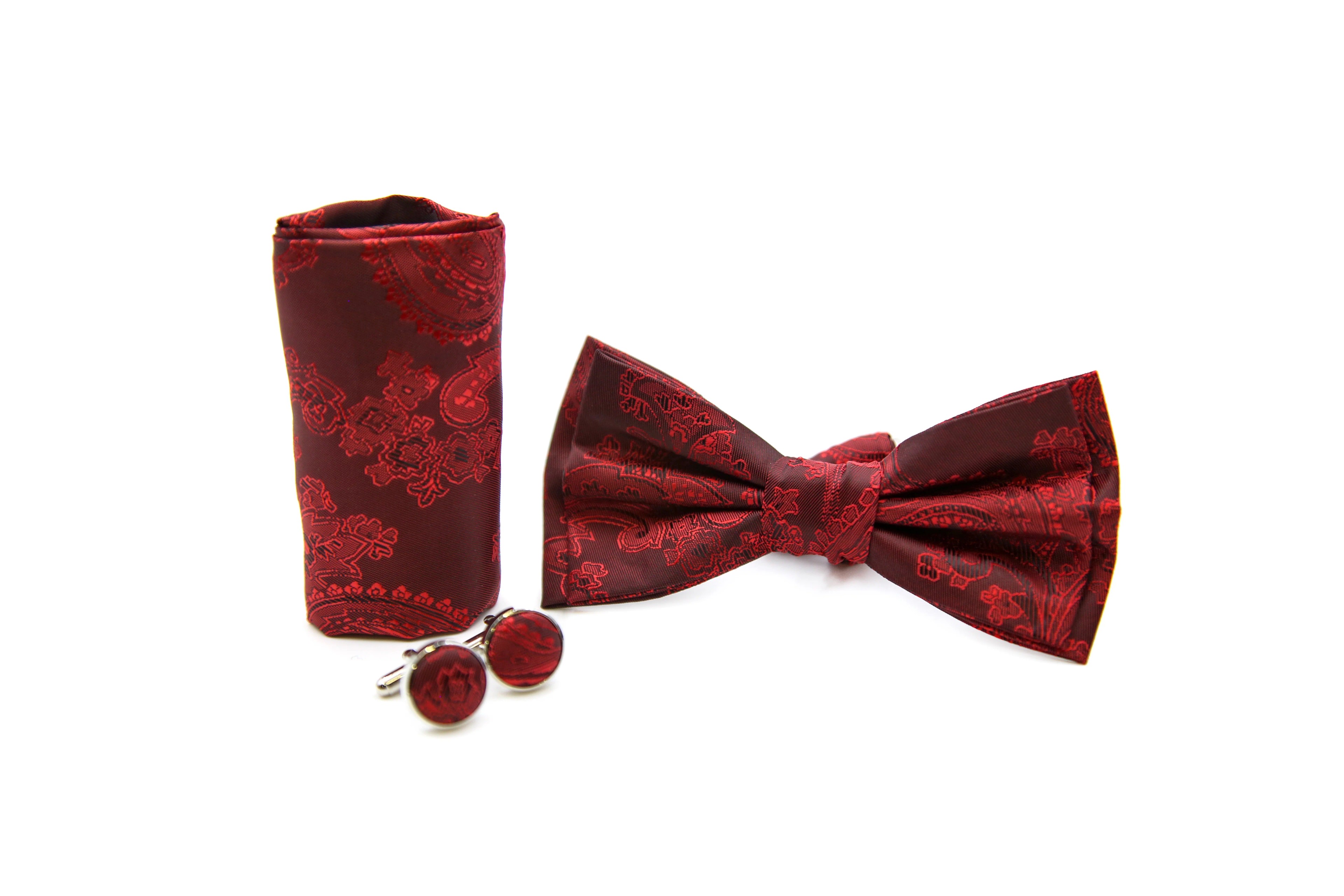 Men's Paisley Bowtie Pocket Square Cufflinks Set - Red Maroon