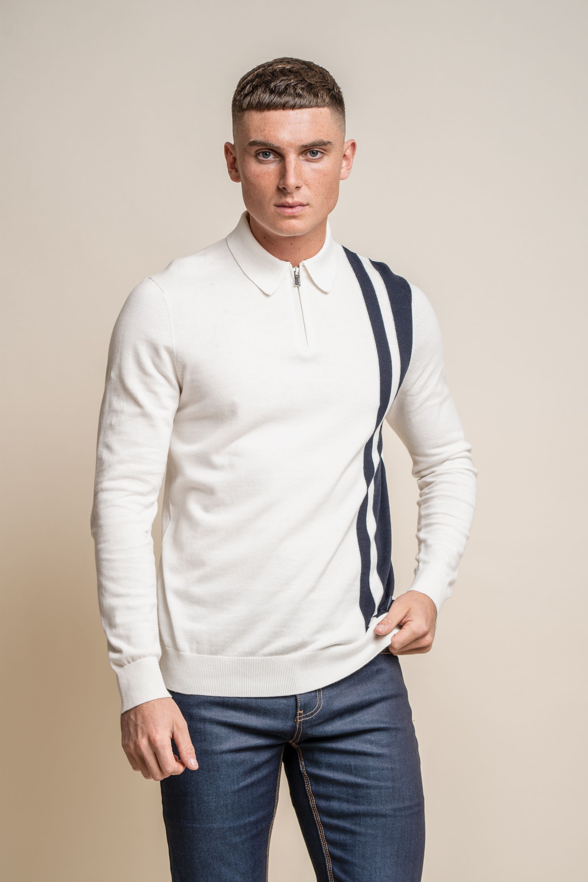 Men's Cotton Polo Side Stripe Jumper- DIABLO - Ecru