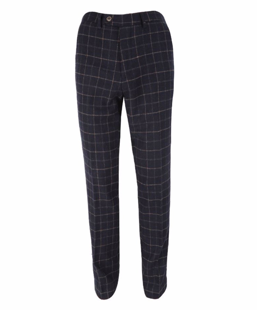 Men's Tweed Check Slim Fit Navy Trousers - SHELBY