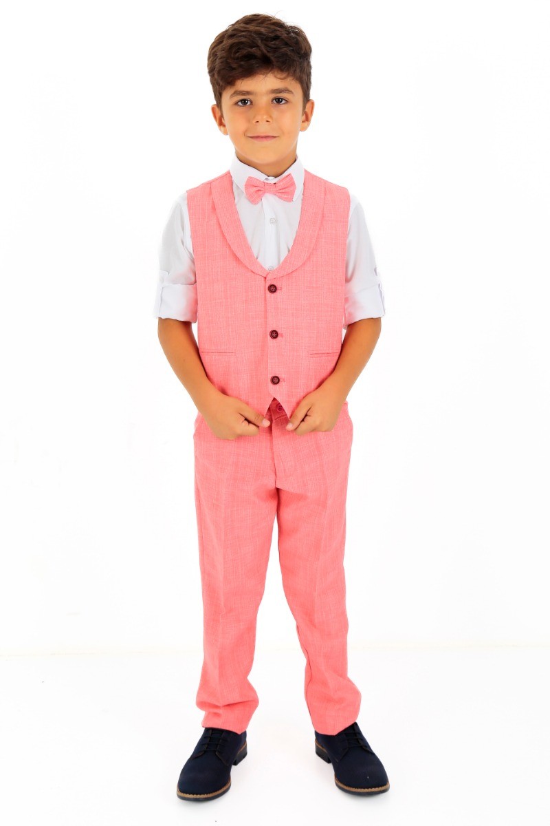 Boys Linen Waistcoat Suit Set - Red