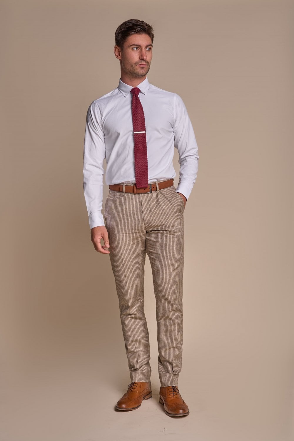 Men’s Slim Fit Pinstripe Beige Suit – KRAKEN Sand