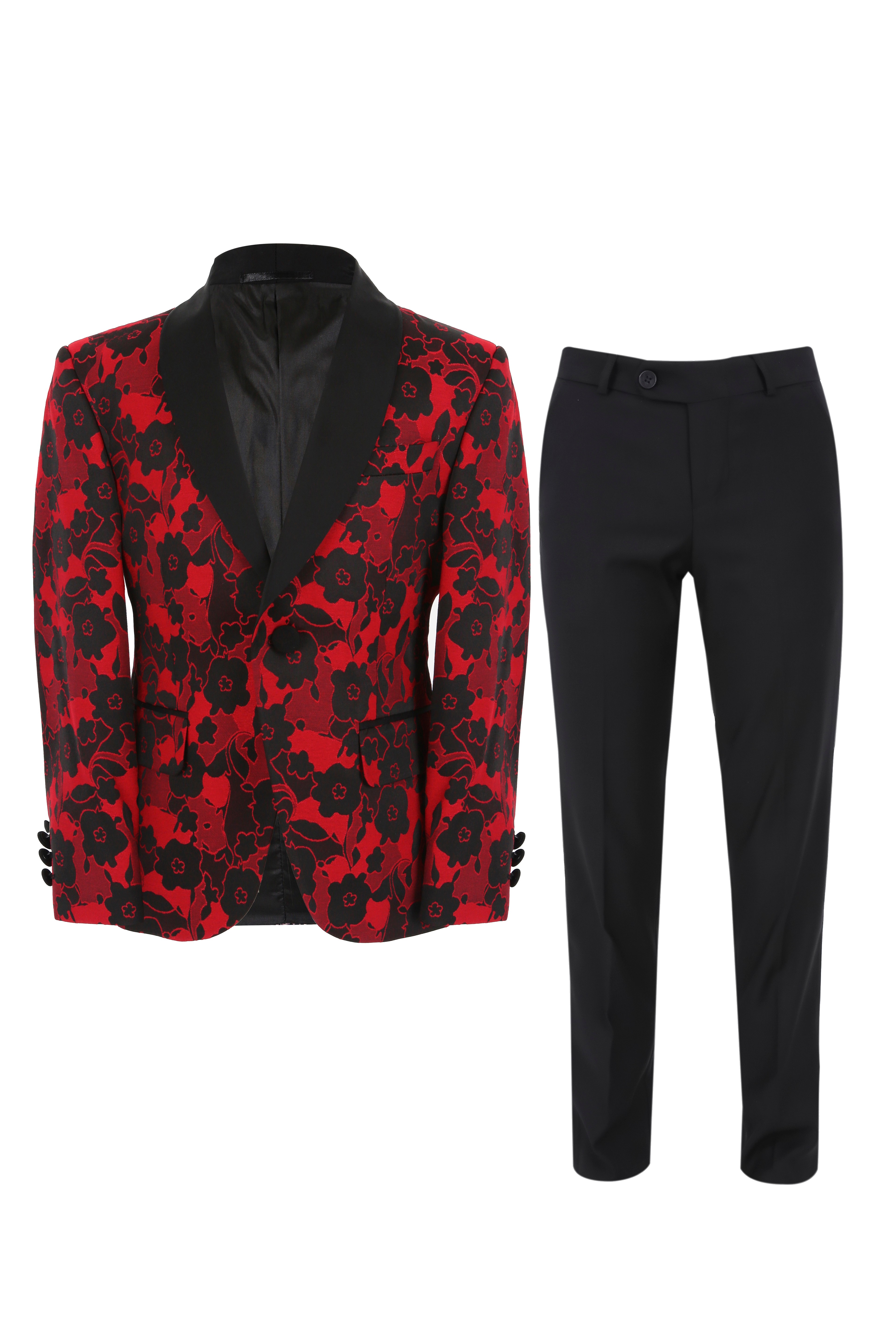 Boys Floral Print Tuxedo Suit - Black - Red