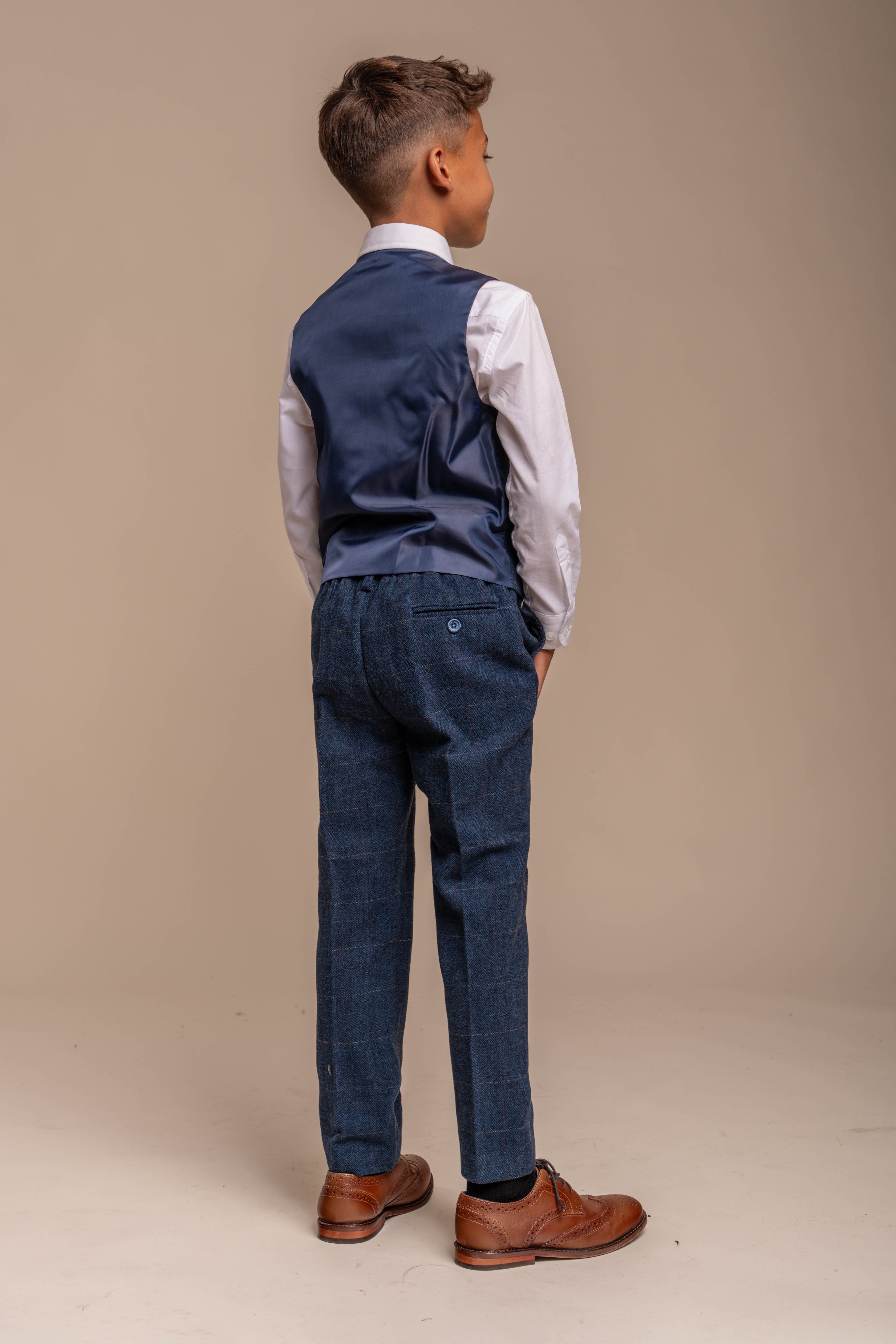 Boys Slim Fit Herringbone Tweed Blue Suit - CARNEGI - Navy Blue